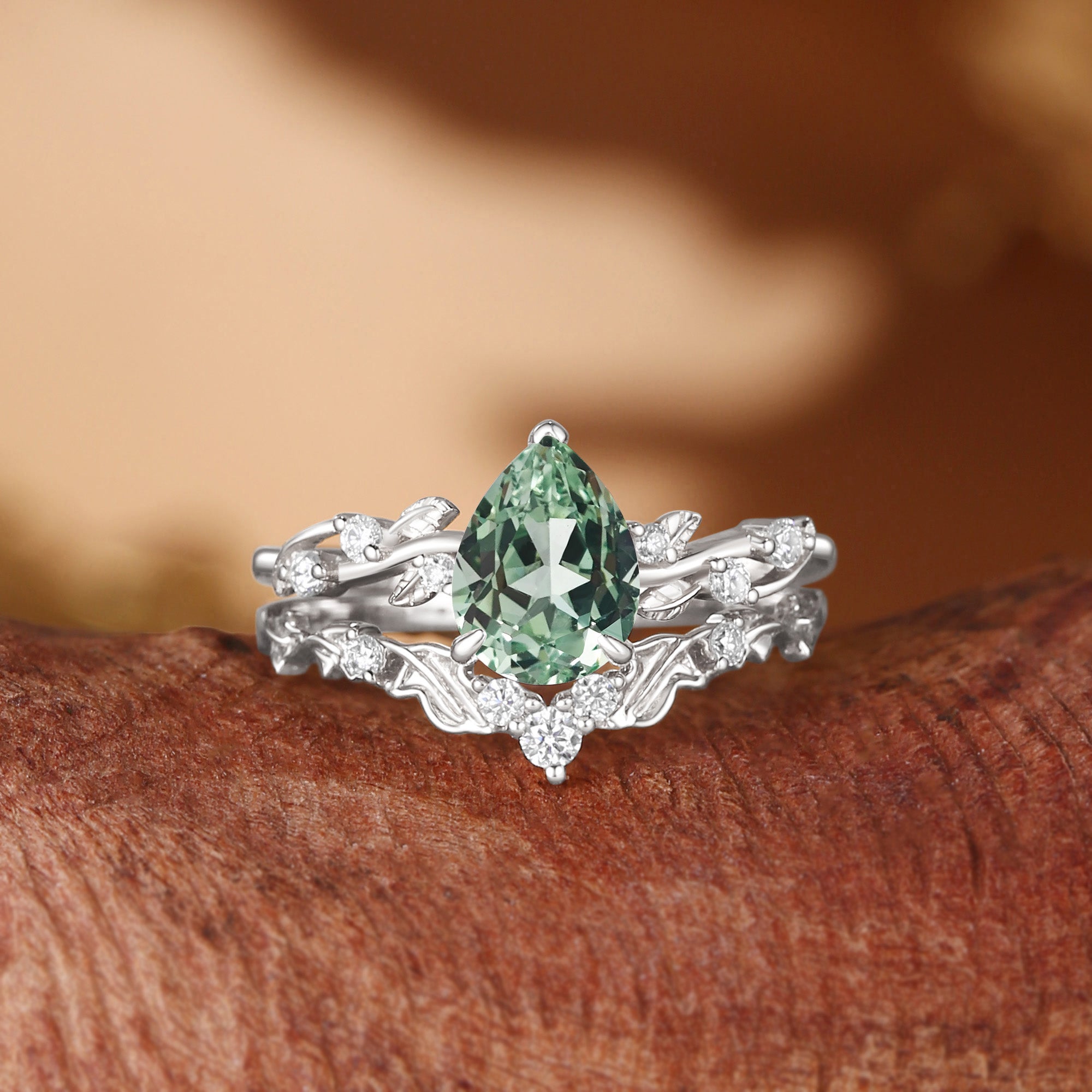 Pear Cut Light Green Sapphire Gold Nature Inspired Bridal Set 2pcs - Clarissa