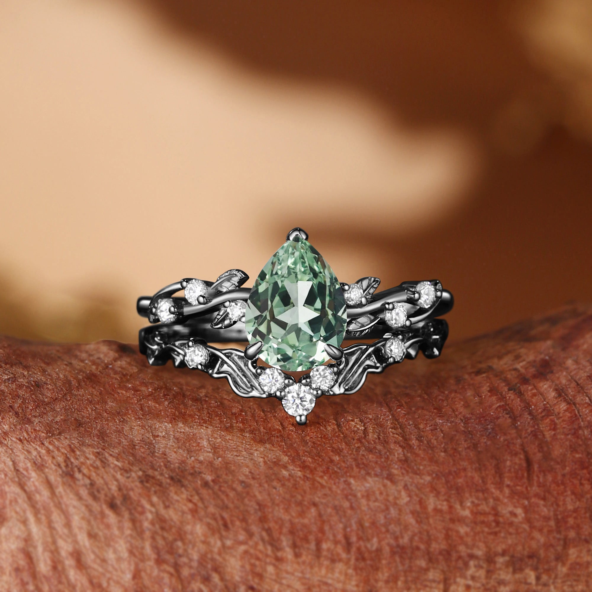 Pear Cut Light Green Sapphire Gold Nature Inspired Bridal Set 2pcs - Clarissa