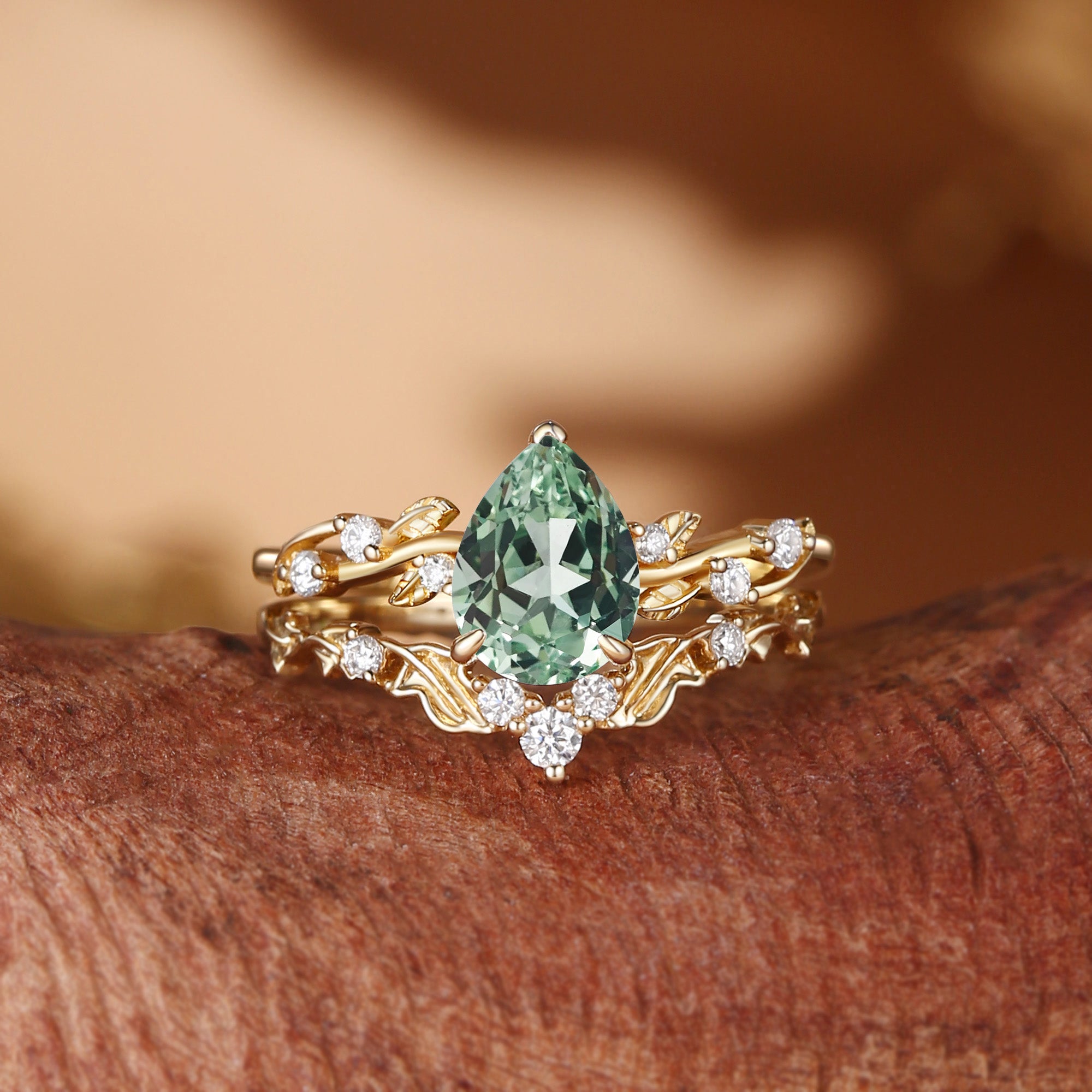 Pear Cut Light Green Sapphire Gold Nature Inspired Bridal Set 2pcs - Clarissa