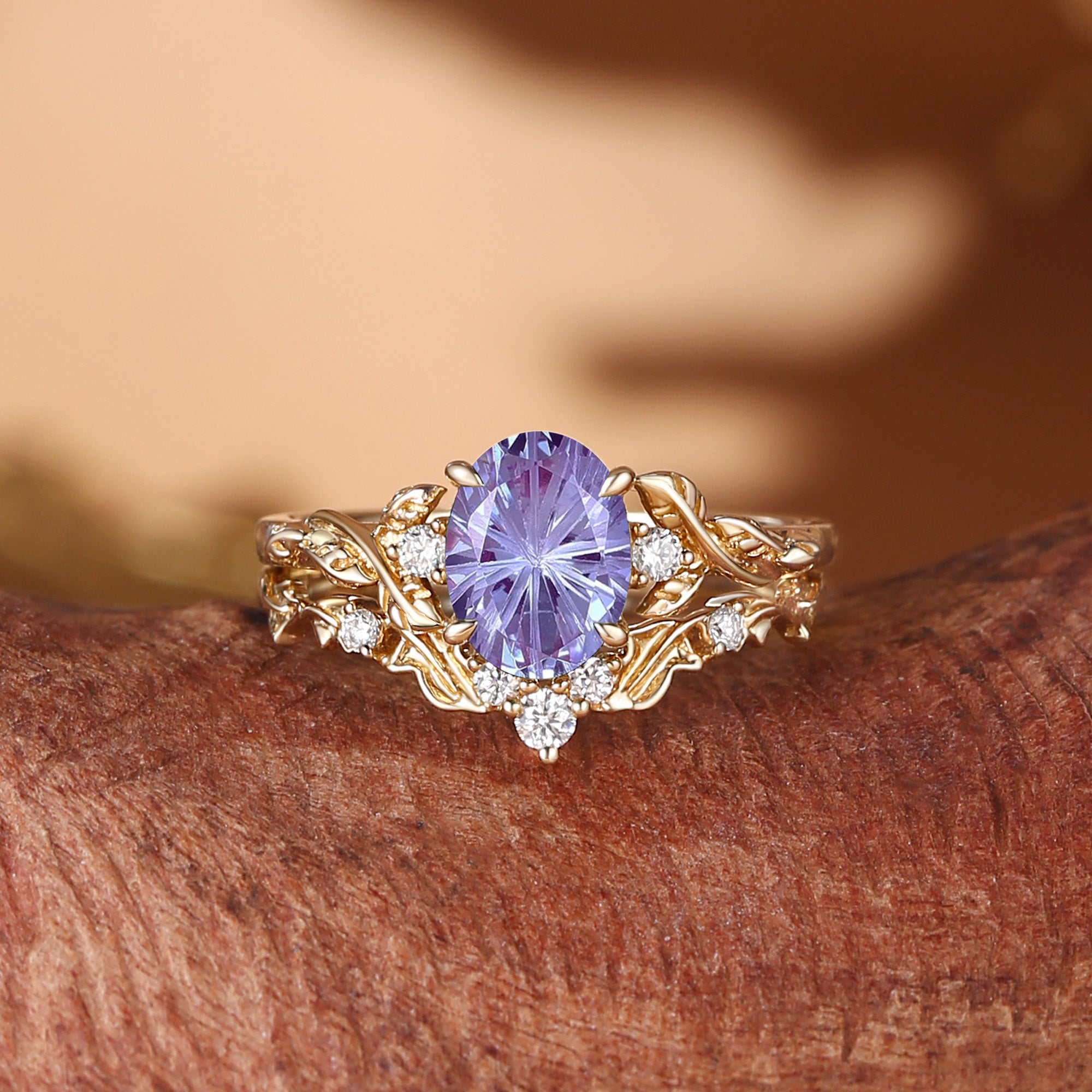 Eden - Oval Firework Cut Alexandrite Sapphire Leaf Branch Engagement Ring Set 2pcs