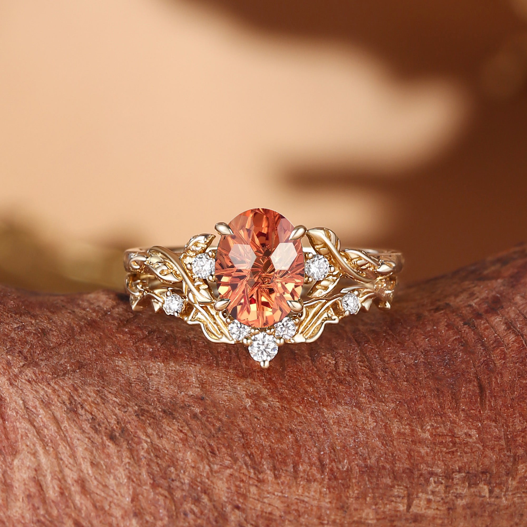 Eden - Oval Firework Cut Orange Sapphire Leaf Branch Engagement Ring Set 2pcs