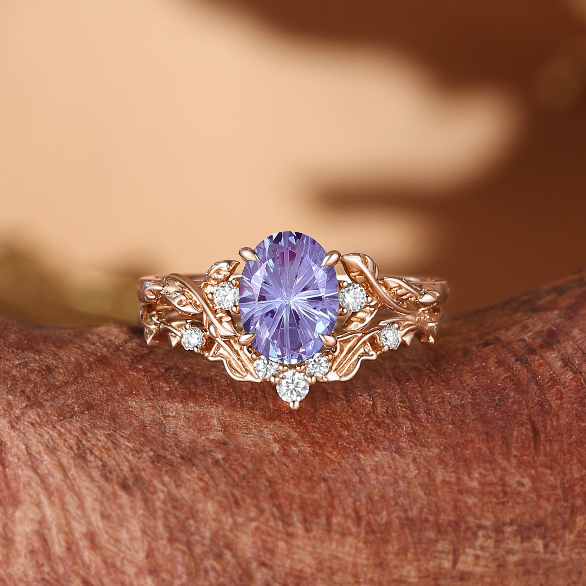 Eden - Oval Firework Cut Alexandrite Sapphire Leaf Branch Engagement Ring Set 2pcs