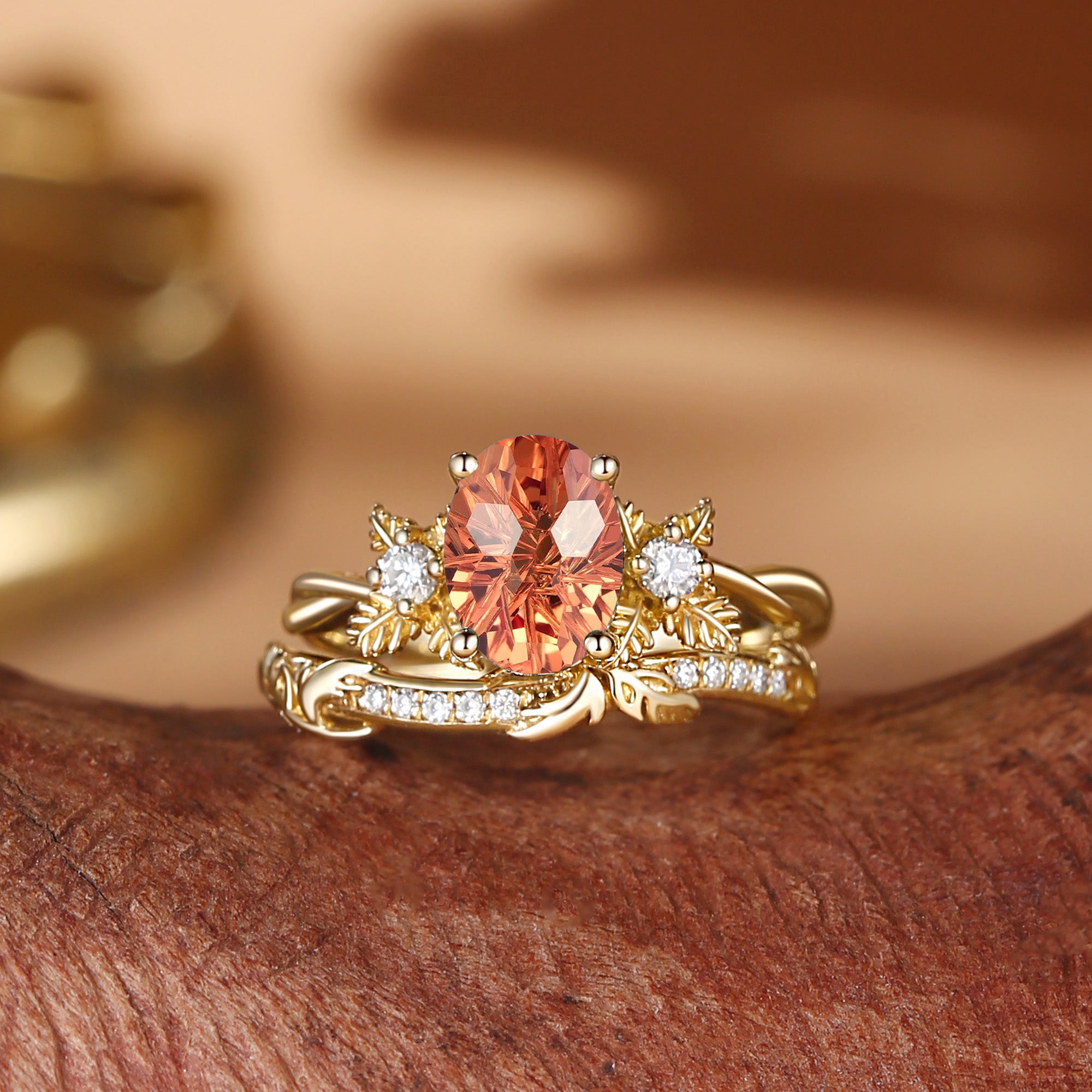 Flora - Oval Firework Cut Orange Sapphire Leafy Flower Engagement Ring Set 2pcs
