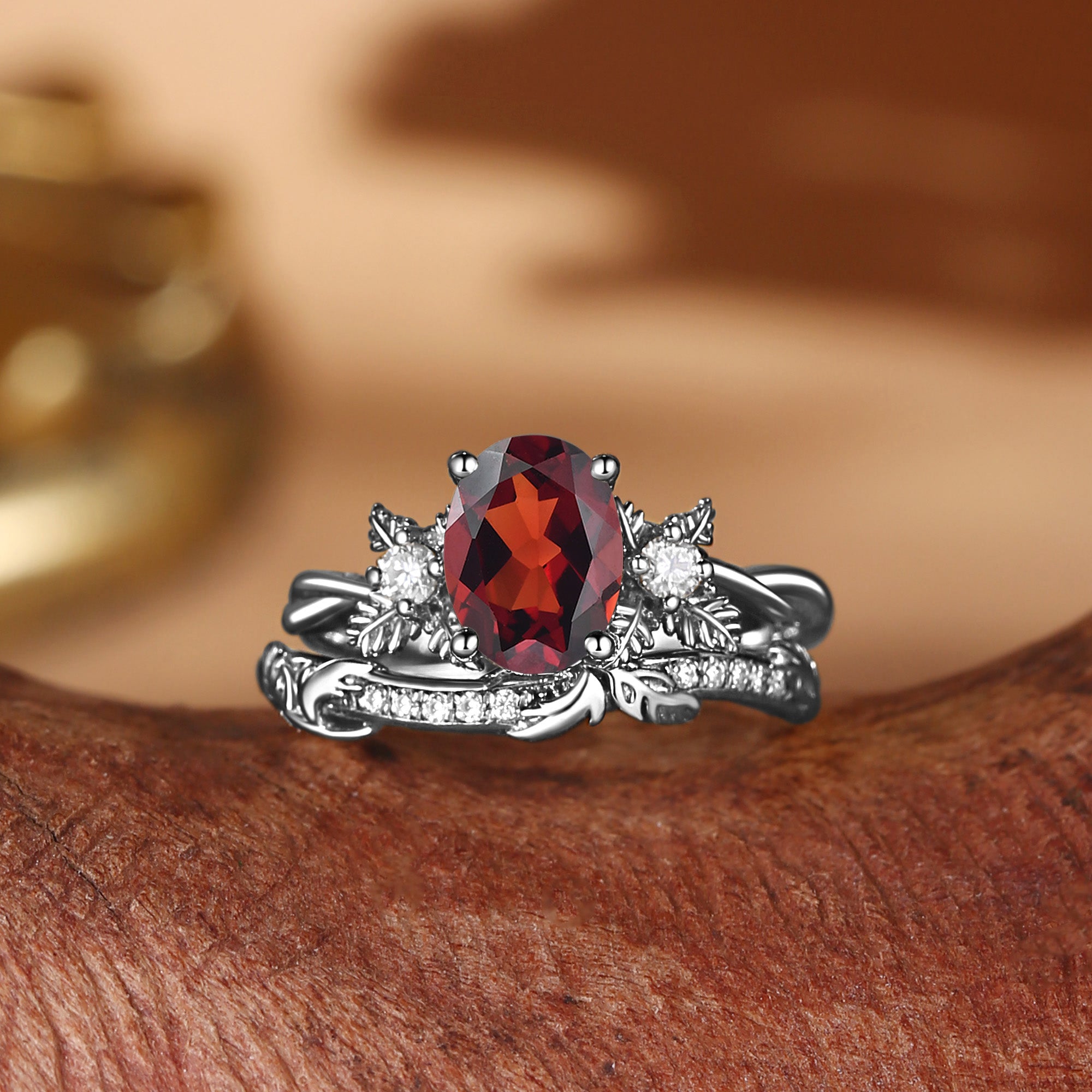 Flora - Oval Cut Garnet Leafy Flower Engagement Ring Set 2pcs