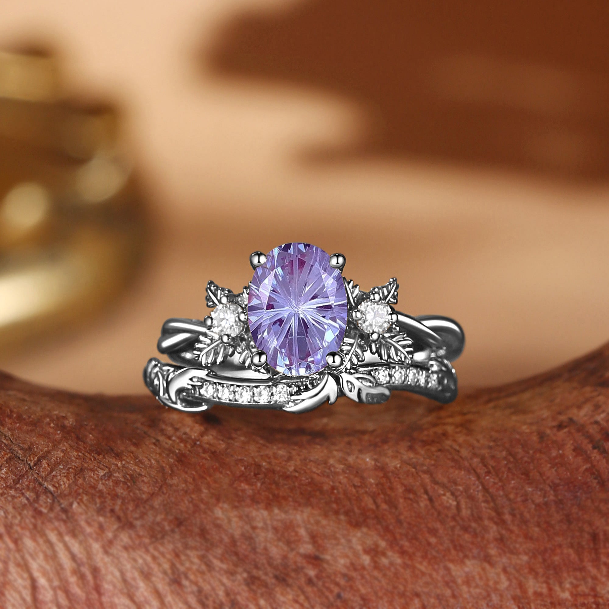 Flora - Oval Firework Cut Alexandrite Leafy Flower Engagement Ring Set 2pcs