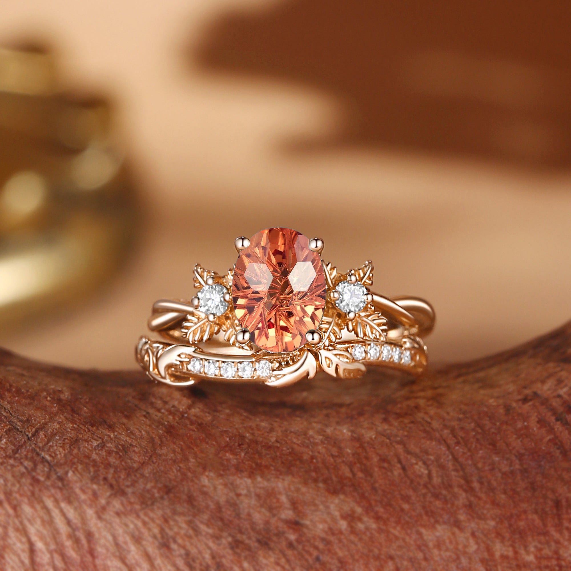 Flora - Oval Firework Cut Orange Sapphire Leafy Flower Engagement Ring Set 2pcs