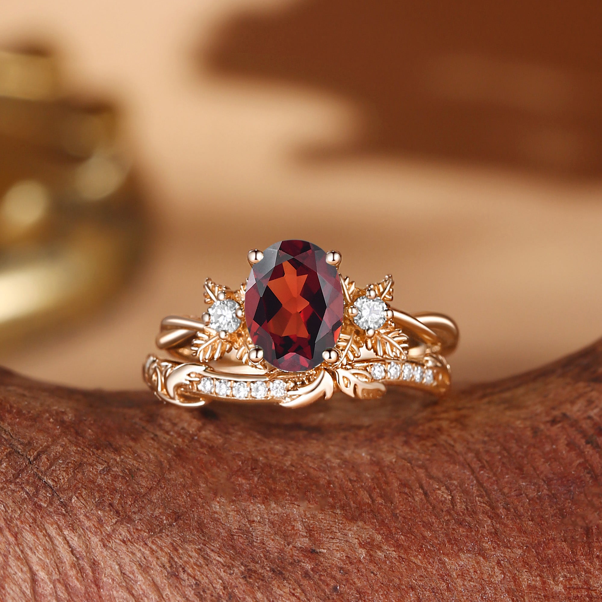 Flora - Oval Cut Garnet Leafy Flower Engagement Ring Set 2pcs
