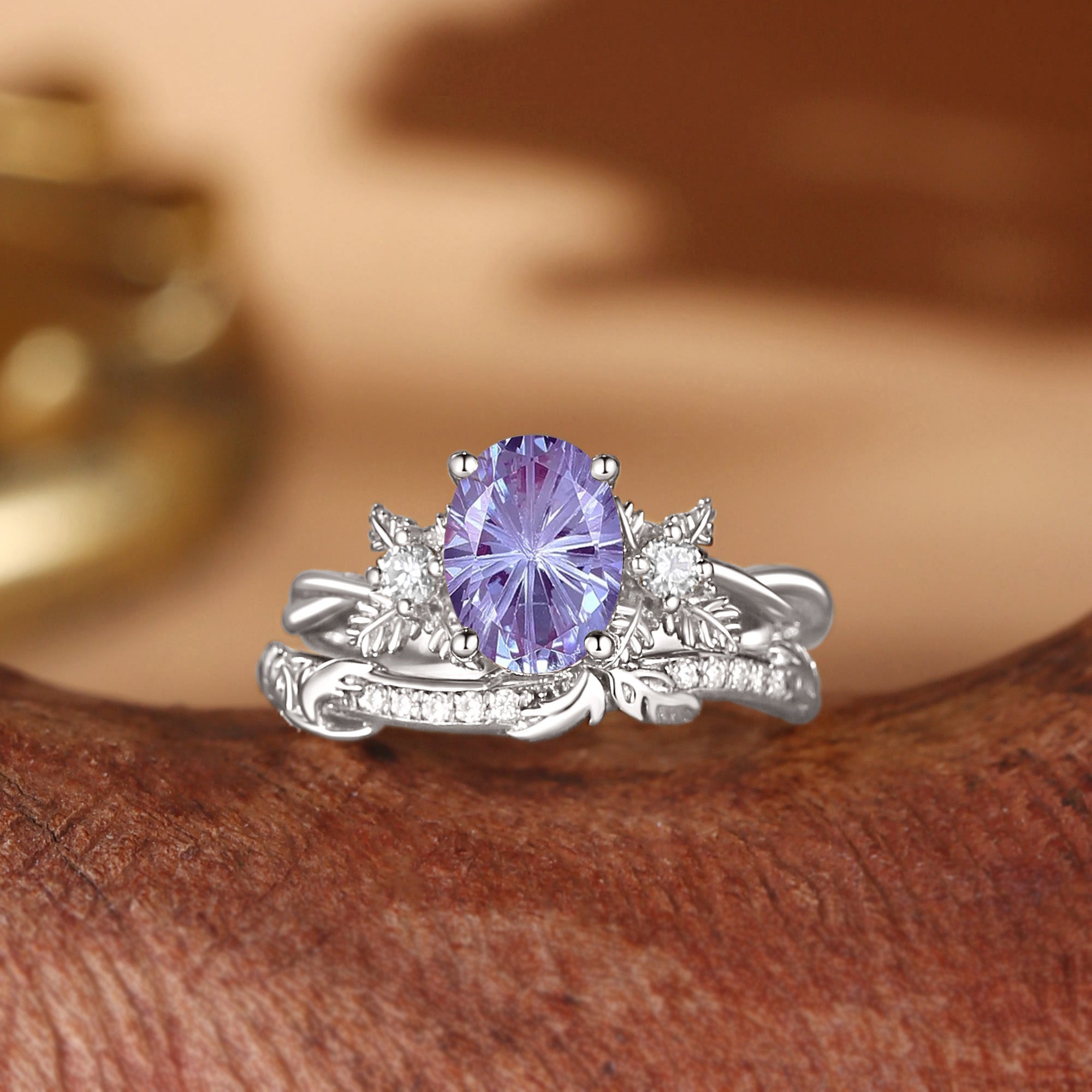 Flora - Oval Firework Cut Alexandrite Leafy Flower Engagement Ring Set 2pcs
