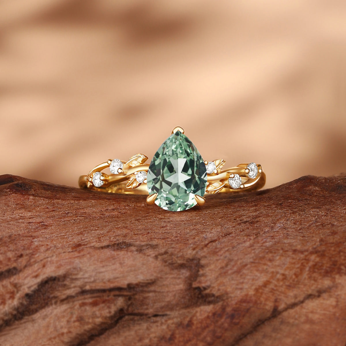 Clarissa - Lab Grown Green Sapphire Vine Inspired Leafy Pear Cut Engagement Ring