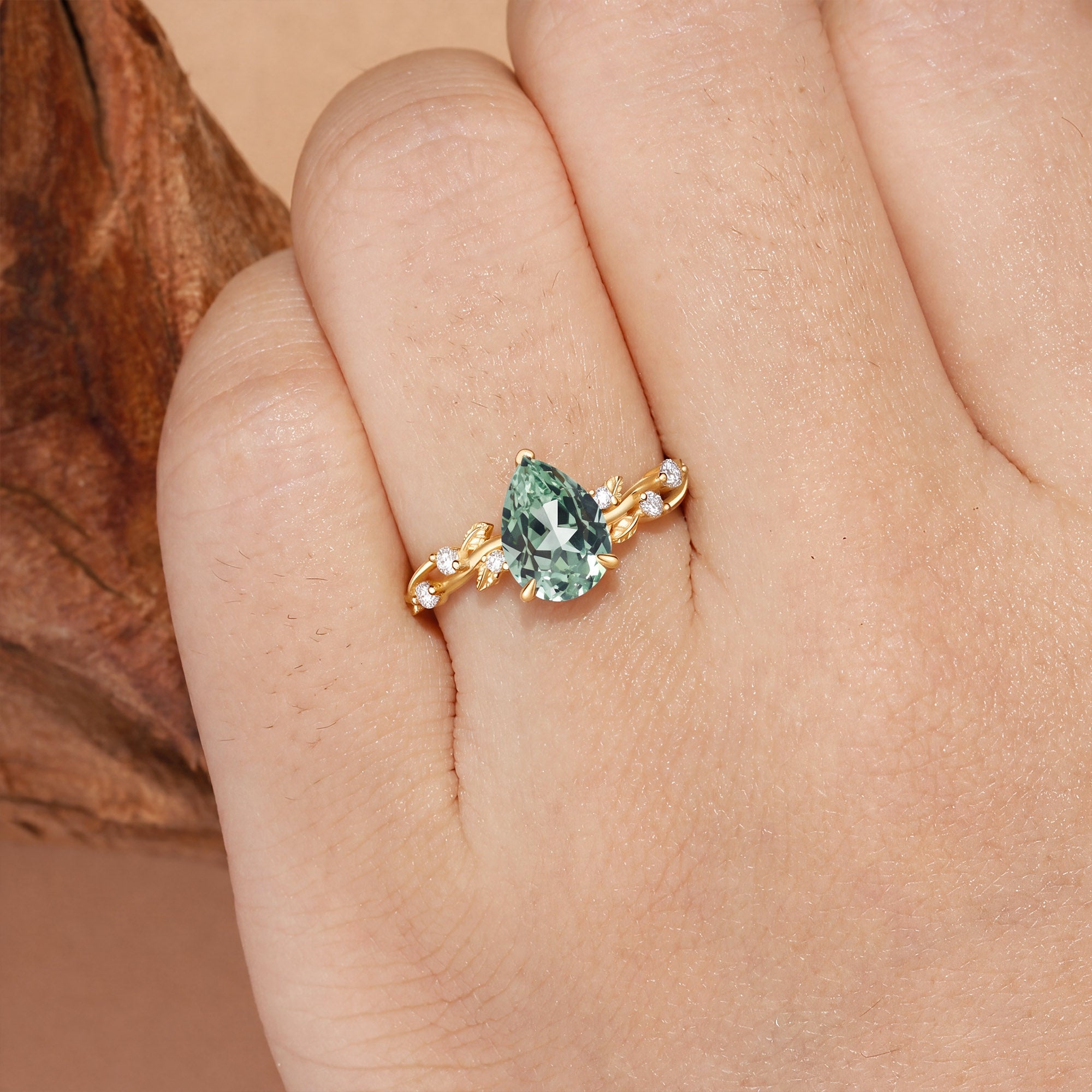 Clarissa - Lab Grown Green Sapphire Vine Inspired Leafy Pear Cut Engagement Ring