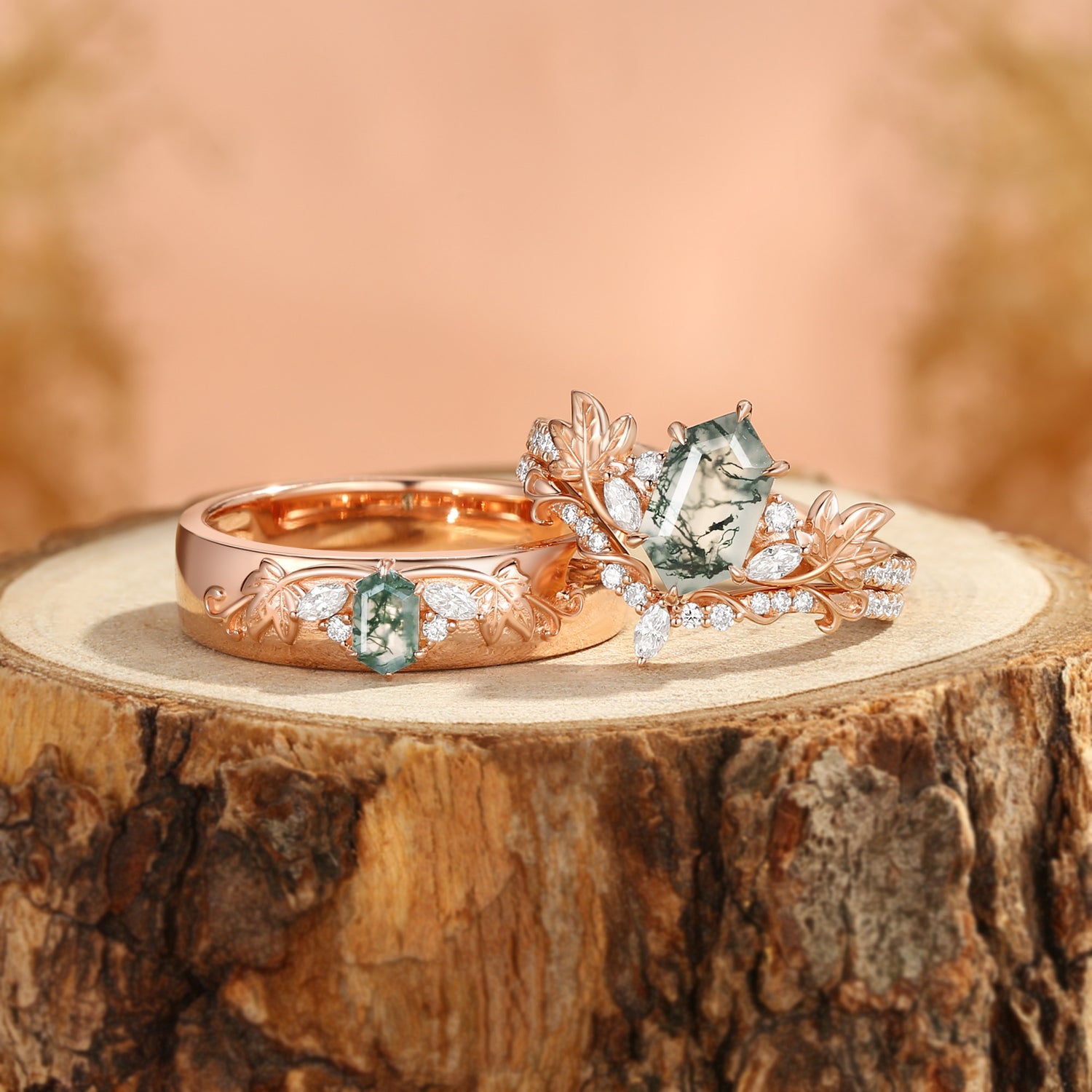 Grape Leaf Nature Inspired Hexagon Cut Moss Agate & 5.5mm Men Band Couple Rings Set