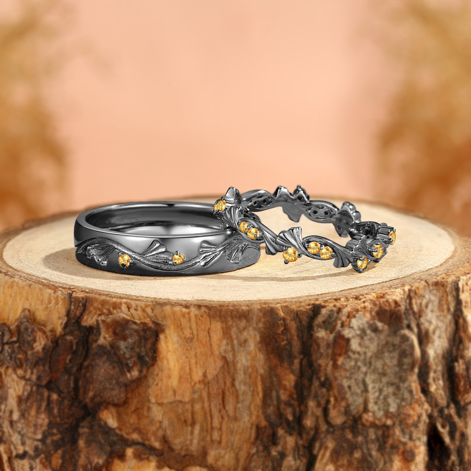Couple Ring - Ginkgo Leaf Inspired Citrine Promise Ring Set