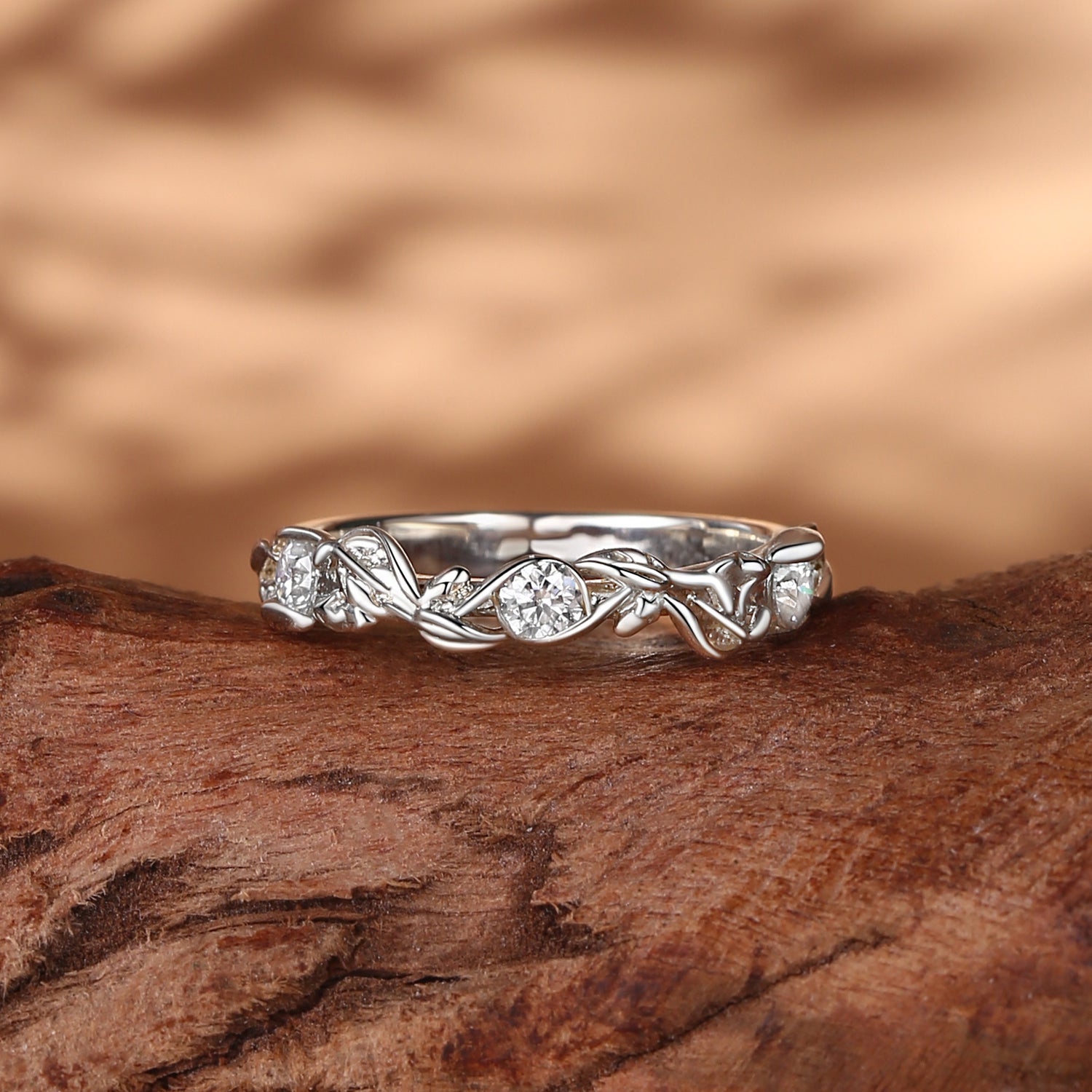 Wedding Band - 3.2mm Leafy White Gold Moissanite Wedding Band Women