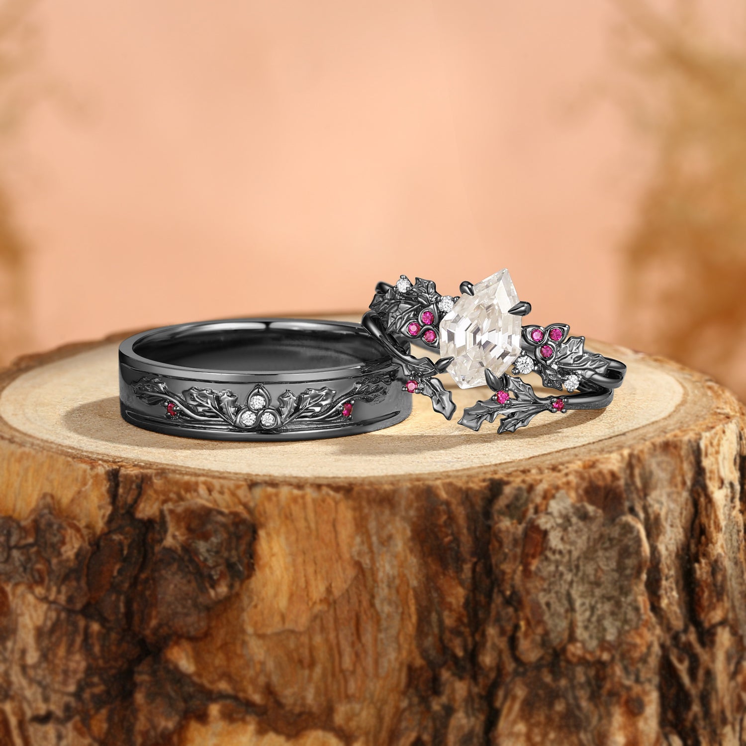 Holly Leaf Nature Inspired Shield Cut Moissanite Celtic Knot Couple Rings Set