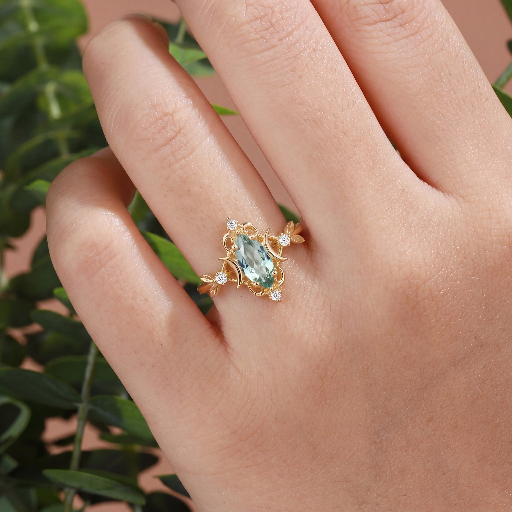 Flora Moon Marquise Cut Green Sapphire Leaf Engagement Ring - Ursa