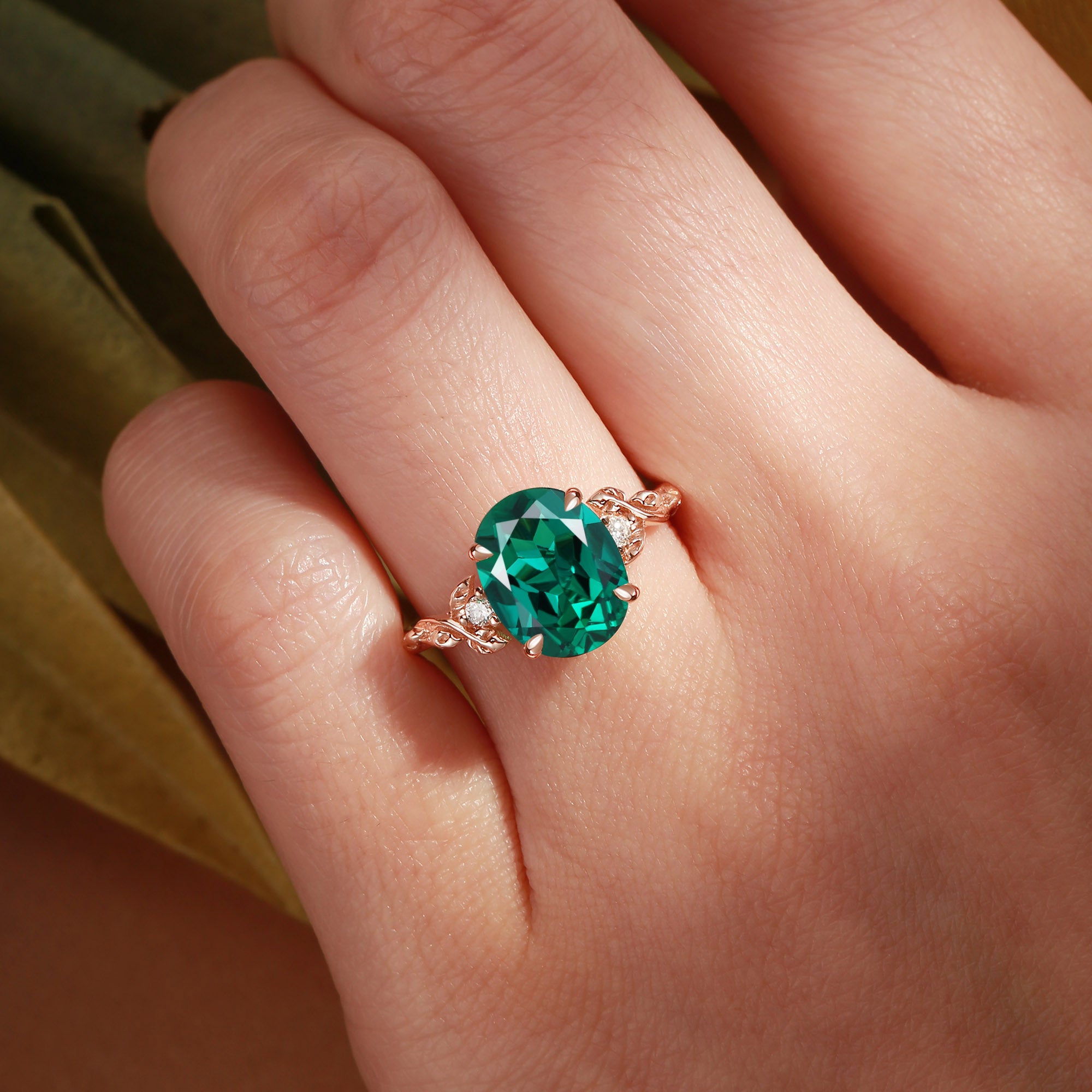 Eden - 4.0CT Oval Cut Lab Emerald Leaf Branch Engagement Ring