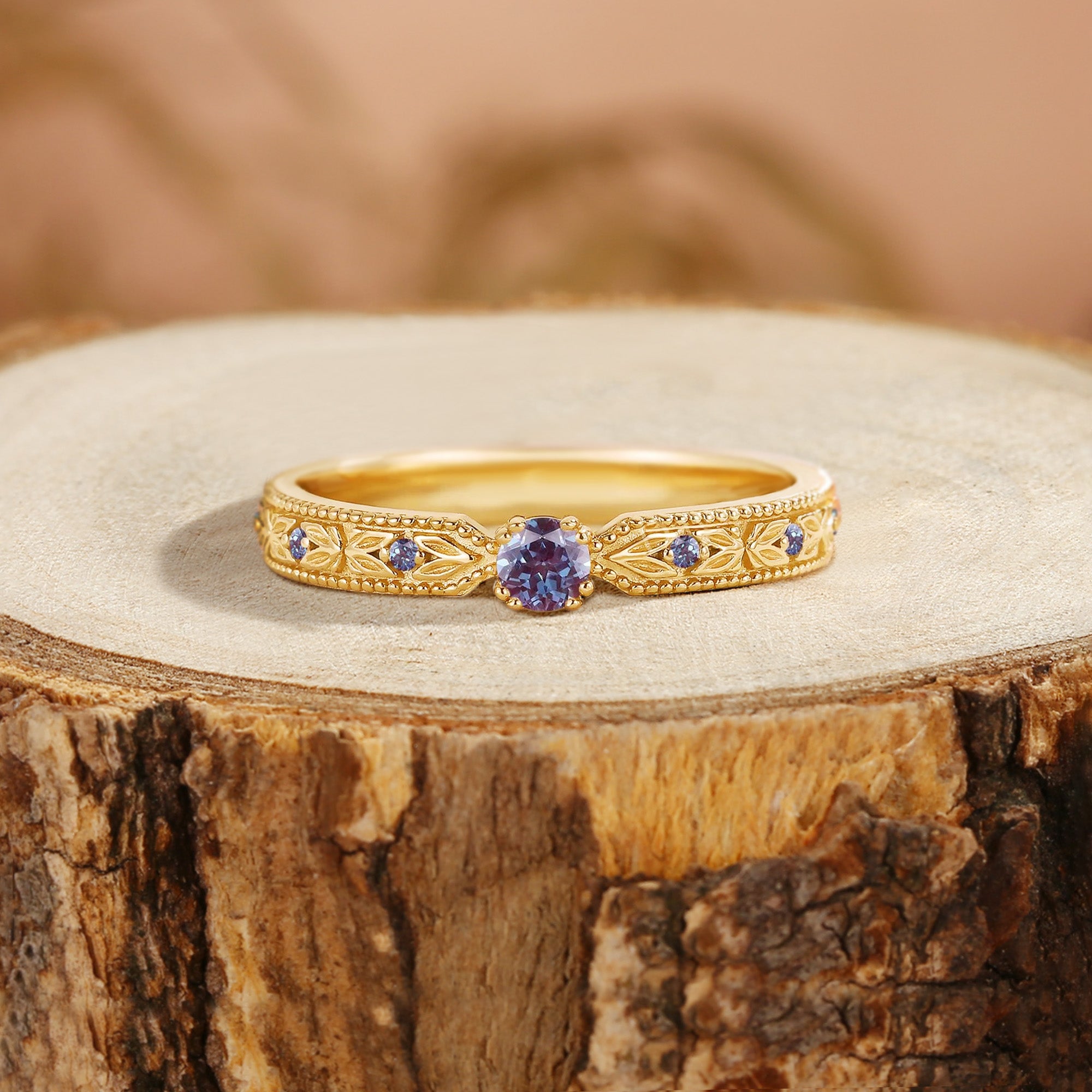Vintage Alexandrite Leaf Wedding Band Women