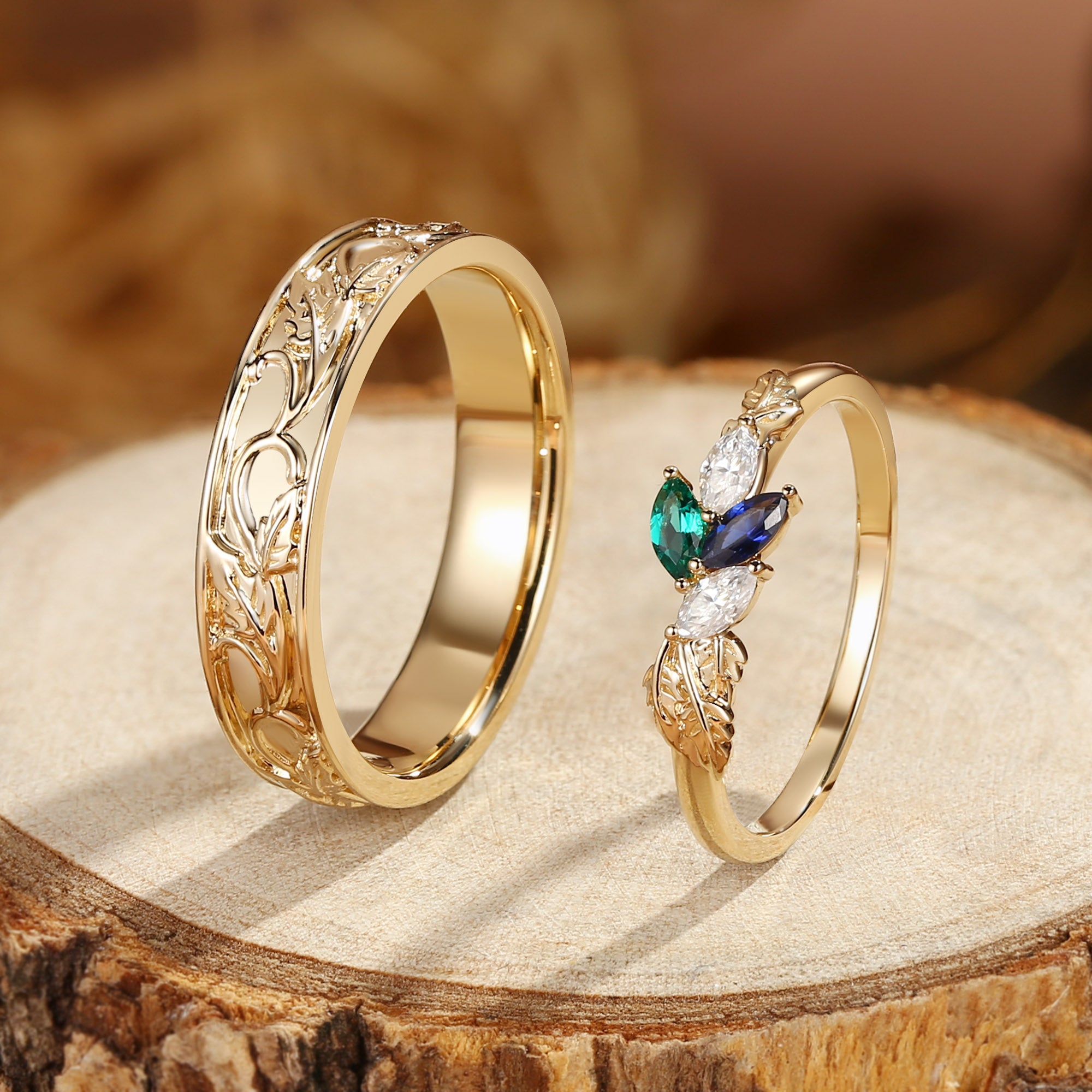 Abella - Sapphire & Emerald Promise Couple Ring Set