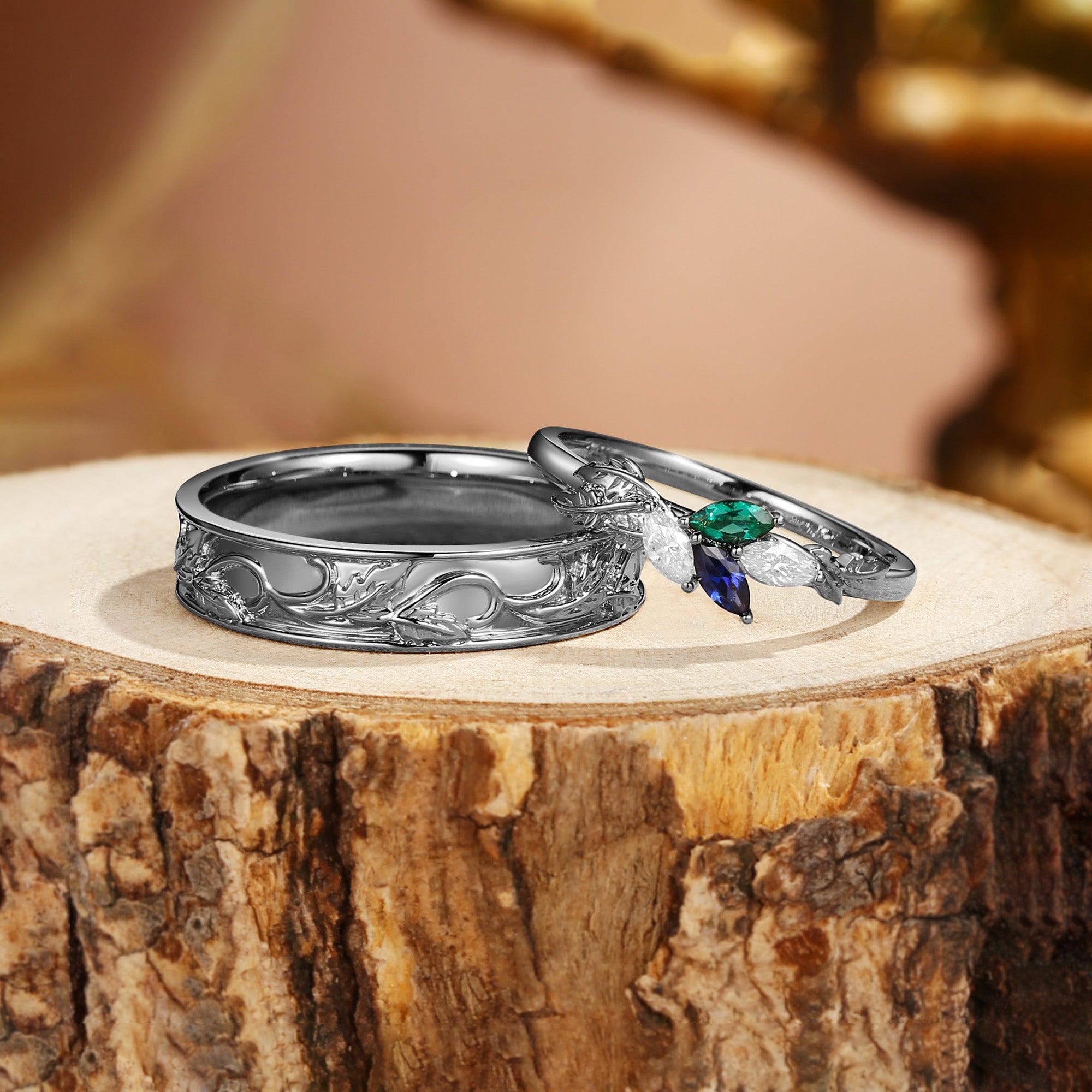 Abella - Sapphire & Emerald Promise Couple Ring Set