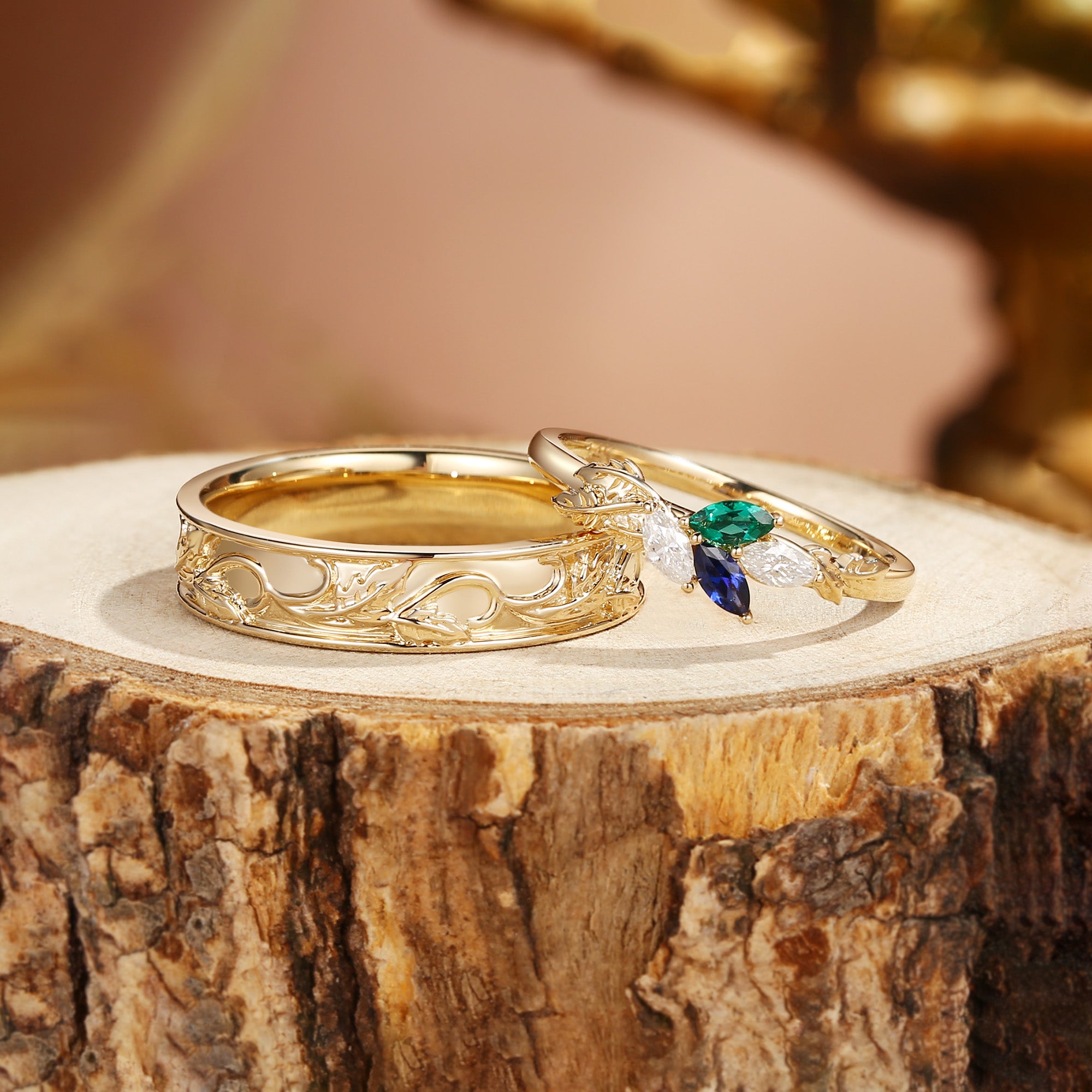 Abella - Sapphire & Emerald Promise Couple Ring Set
