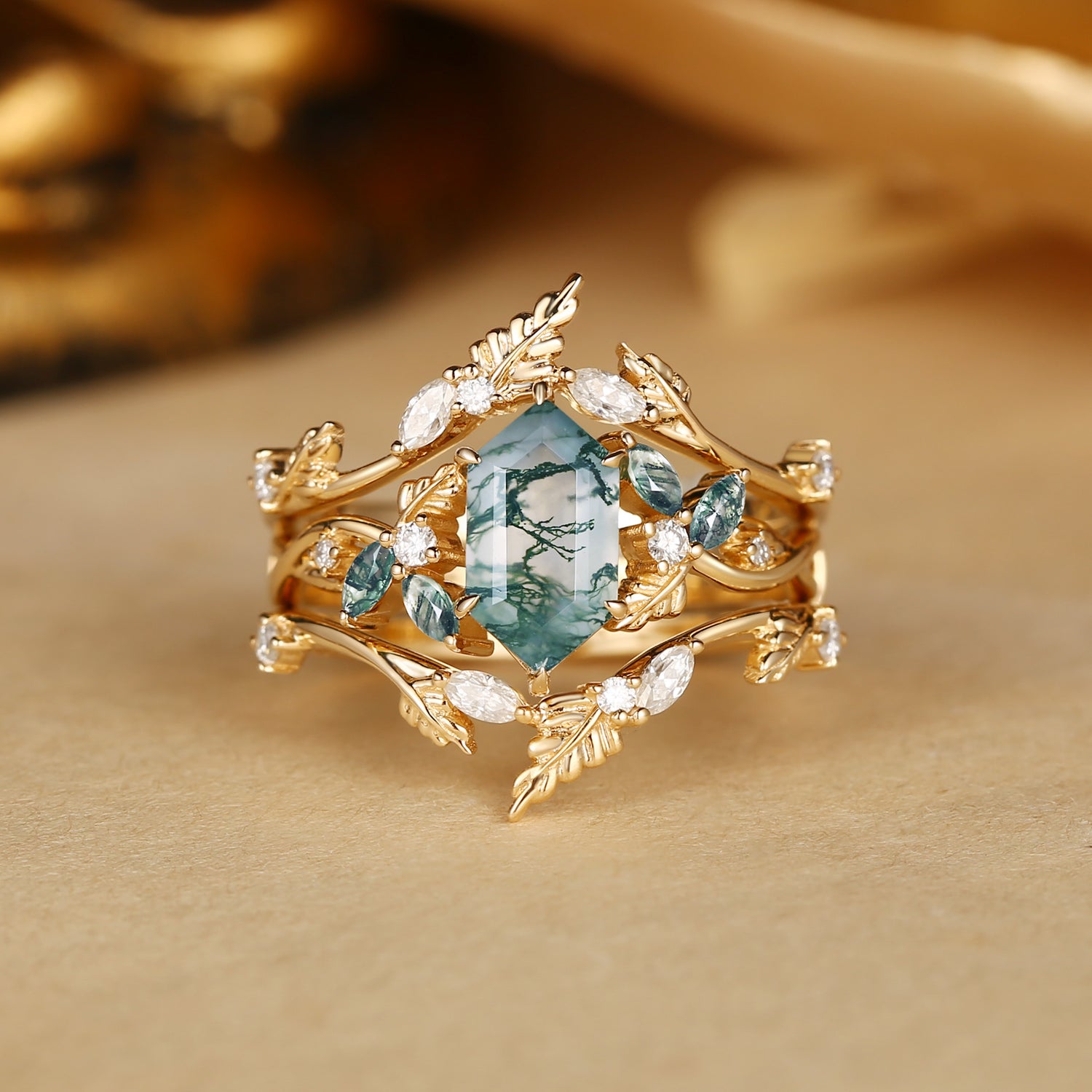 Quilina - Hexagon Cut Moss Agate Oak Nature Inspired Enhancer Ring 2pcs