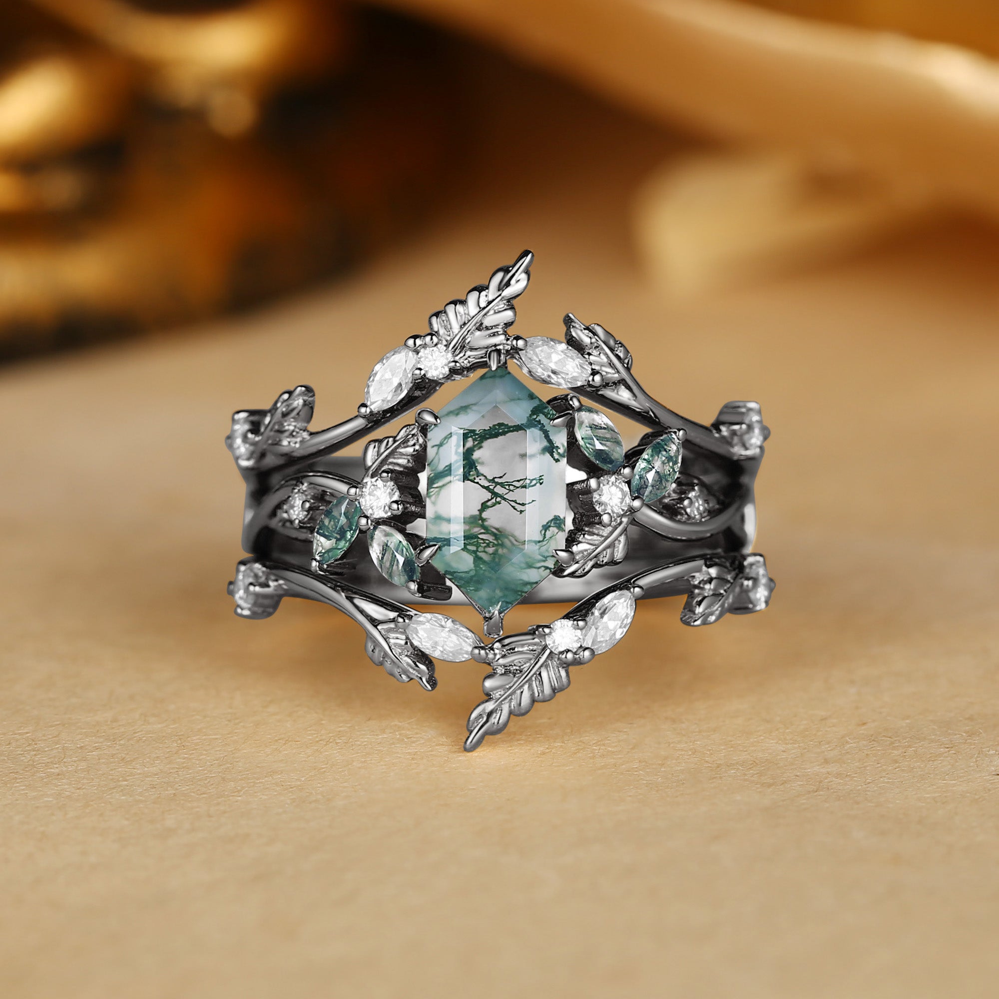 Quilina - Hexagon Cut Moss Agate Oak Nature Inspired Enhancer Ring 2pcs