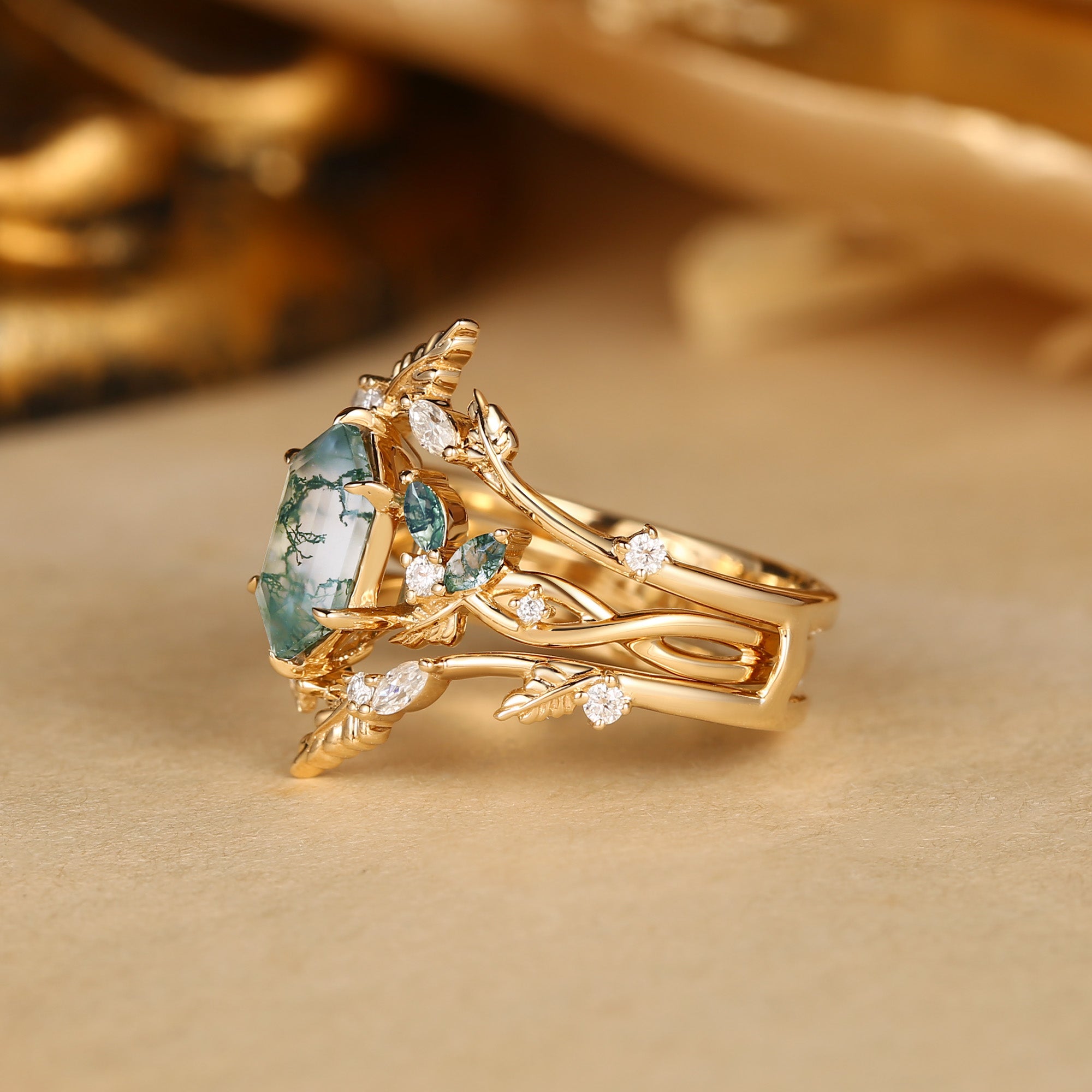 Quilina - Hexagon Cut Moss Agate Oak Nature Inspired Enhancer Ring 2pcs