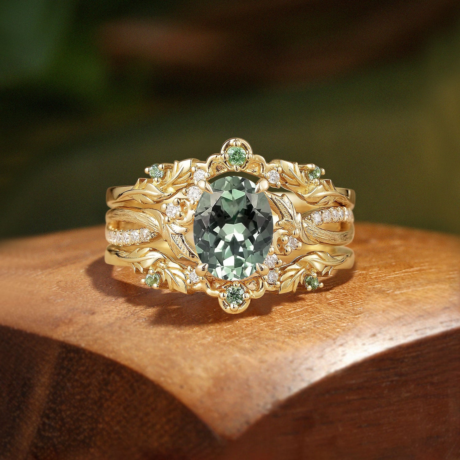 Zelia - Oval Cut Lab Green Sapphire Leaf Inspired Enhancer Ring Set