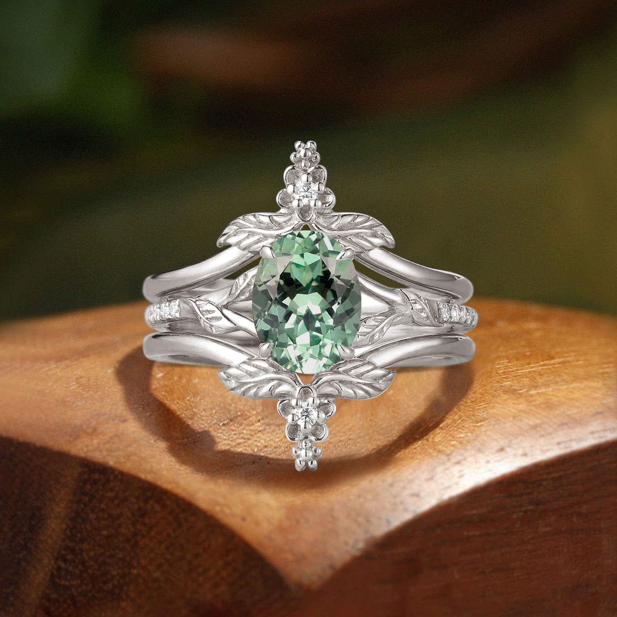 Green Sapphire Leaf and Flower Elegance Enhancer Engagement Ring Set 2pcs - Adeline