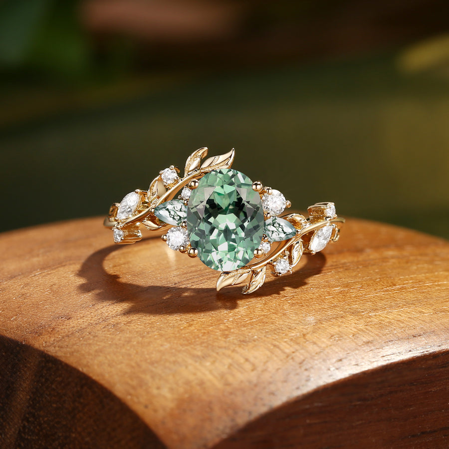 Oval Cut Lab Mint Green Sapphire Vine Fairytale Engagement Ring
