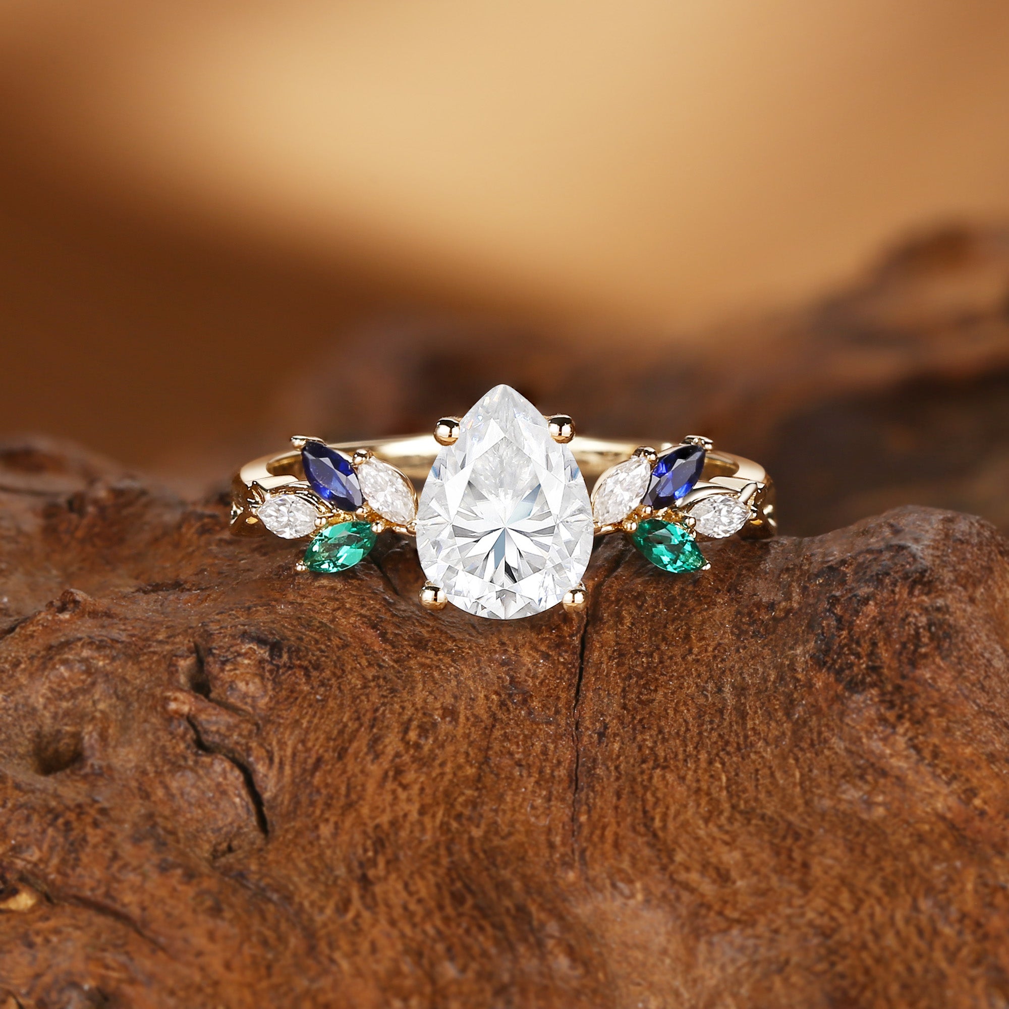 Abella - Pear Cut Moissanite & Sapphire & Emerald Butterfly Engagement Ring