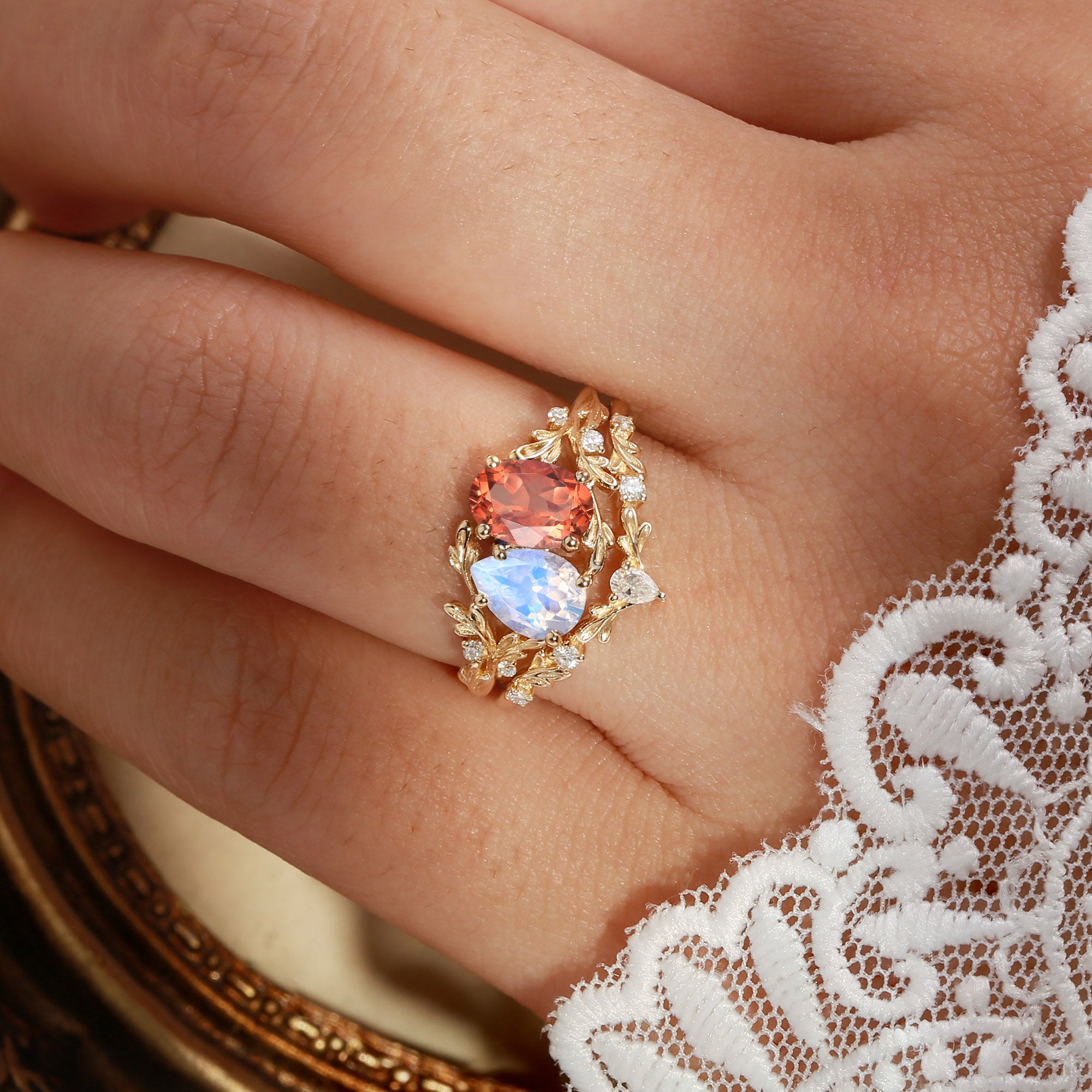 Isolde - Toi Et Moi Moonstone & Sunstone Leaf Two Stone Bridal Set 2PCS