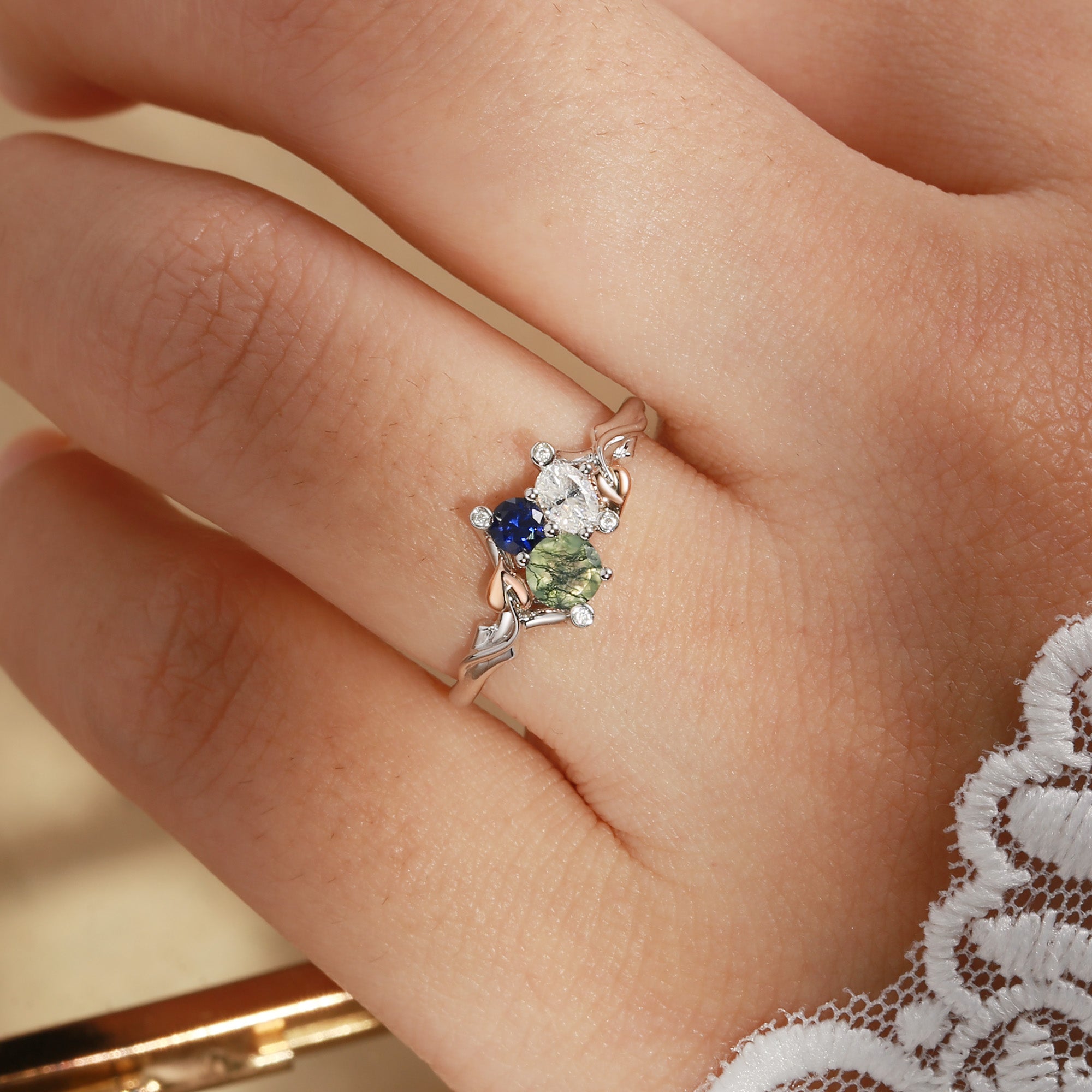 Clover - Three Stone Moss Agate & Moissanite & Sapphire Leaf Engagement Ring