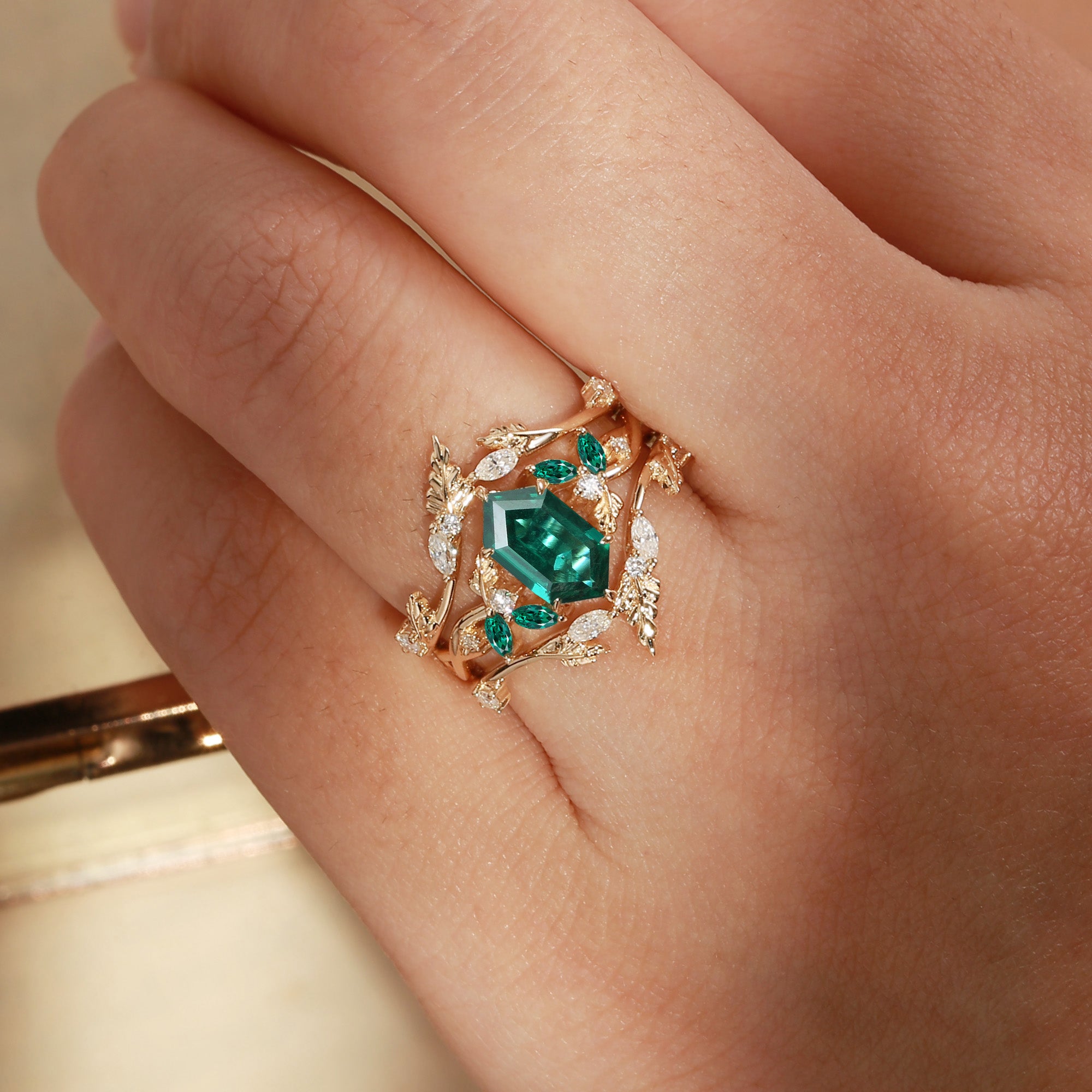 Quilina - Hexagon Cut Lab Emerald Oak Nature Inspired Enhancer Ring 2pcs