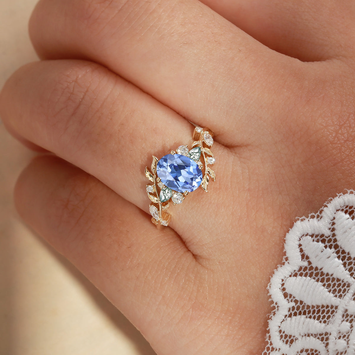 Abrielle - Oval Cut Lab Cornflower Blue Sapphire Vine Fairytale Engagement Ring