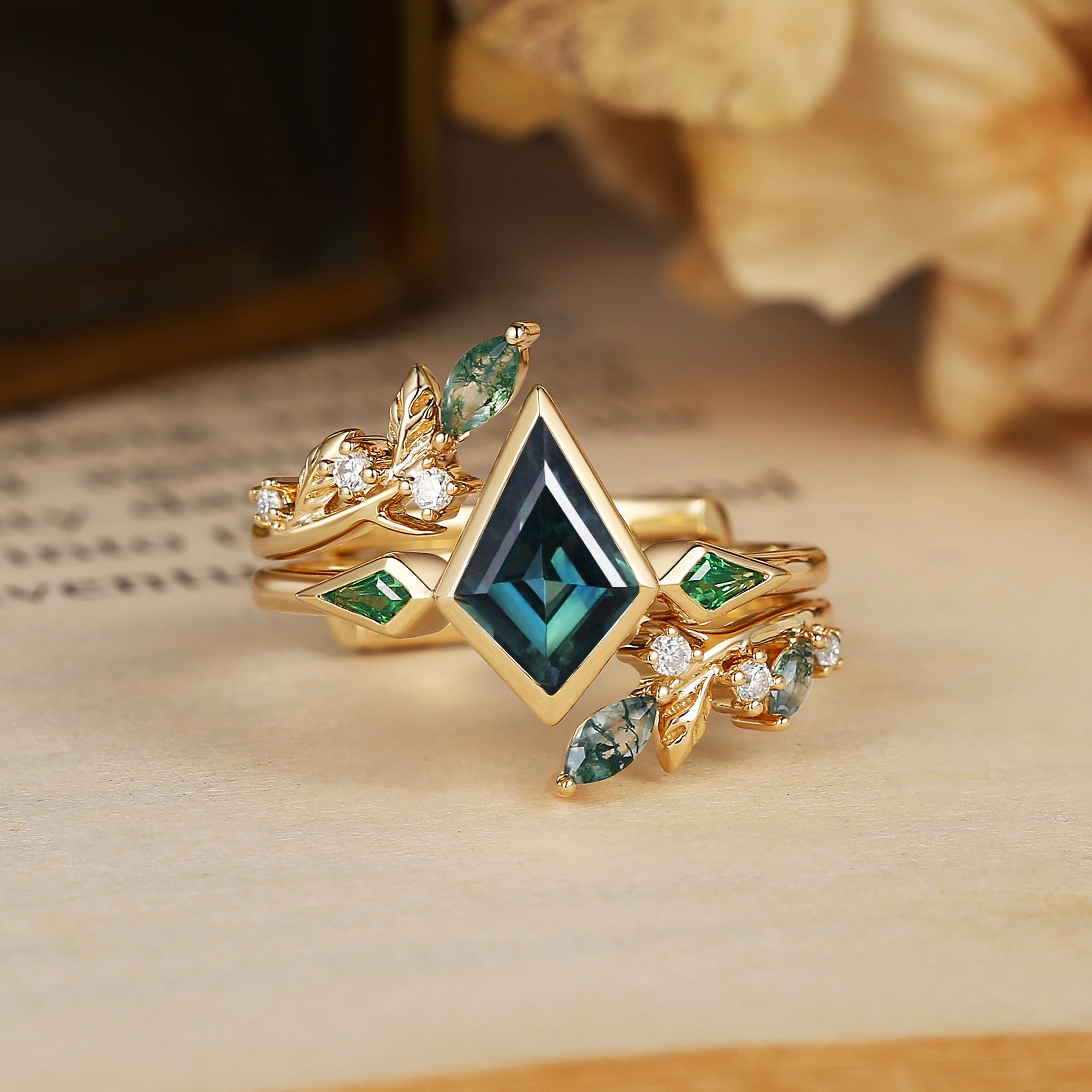 Kite Cut Natural Blue Green Sapphire & Leaf Moss Agate Bridal Sets 2pcs - Sylvia