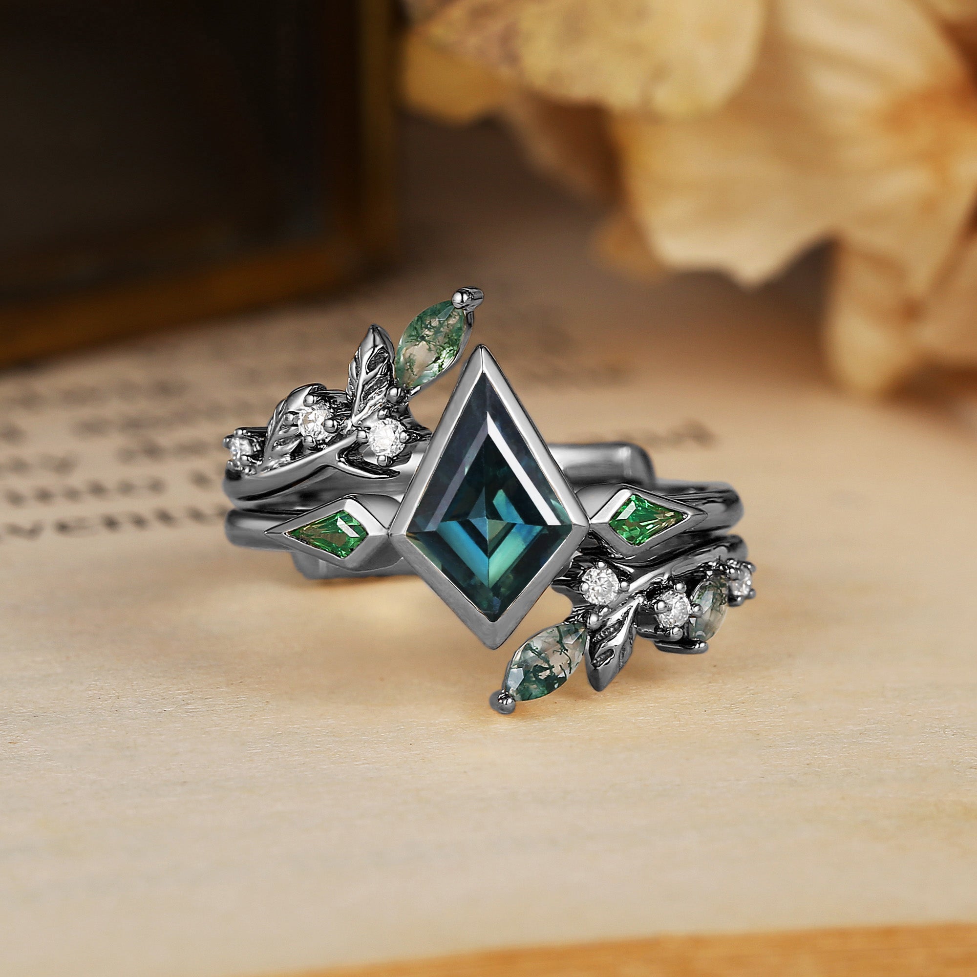 Kite Cut Natural Blue Green Sapphire & Leaf Moss Agate Bridal Sets 2pcs - Sylvia