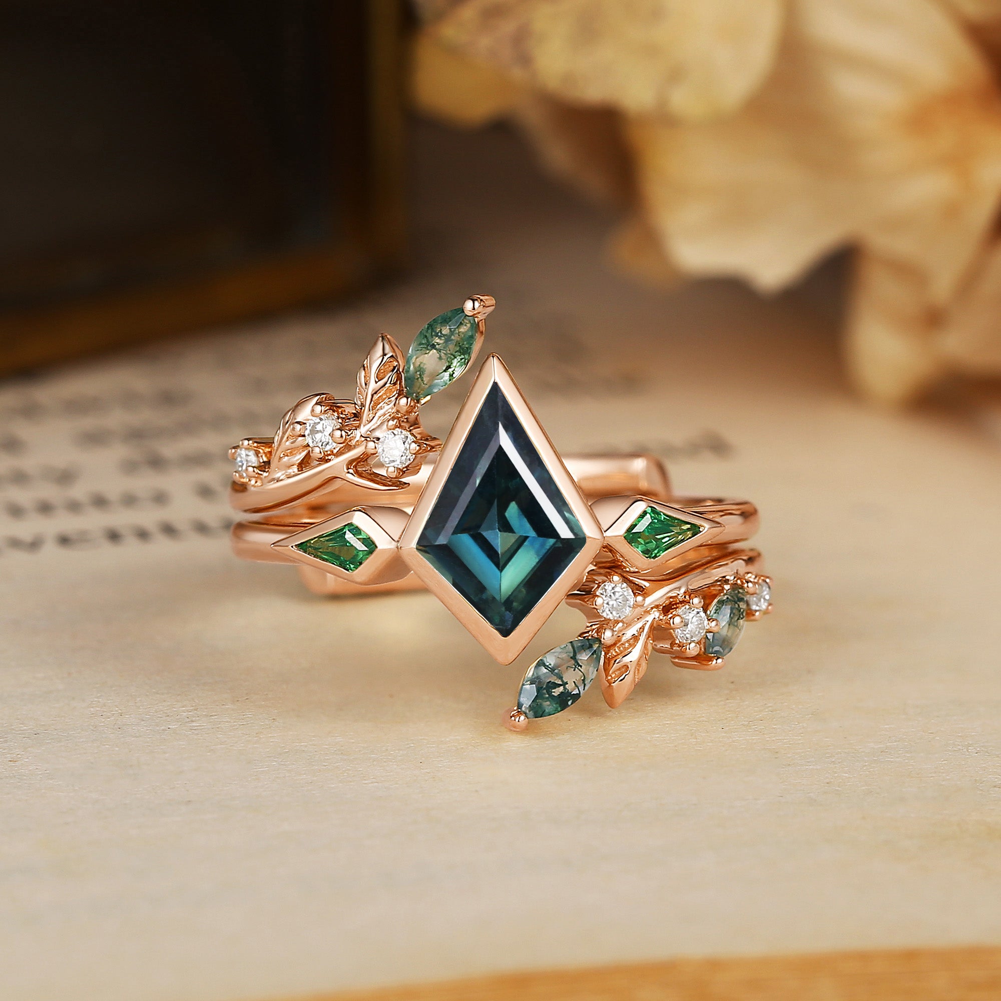 Kite Cut Natural Blue Green Sapphire & Leaf Moss Agate Bridal Sets 2pcs - Sylvia