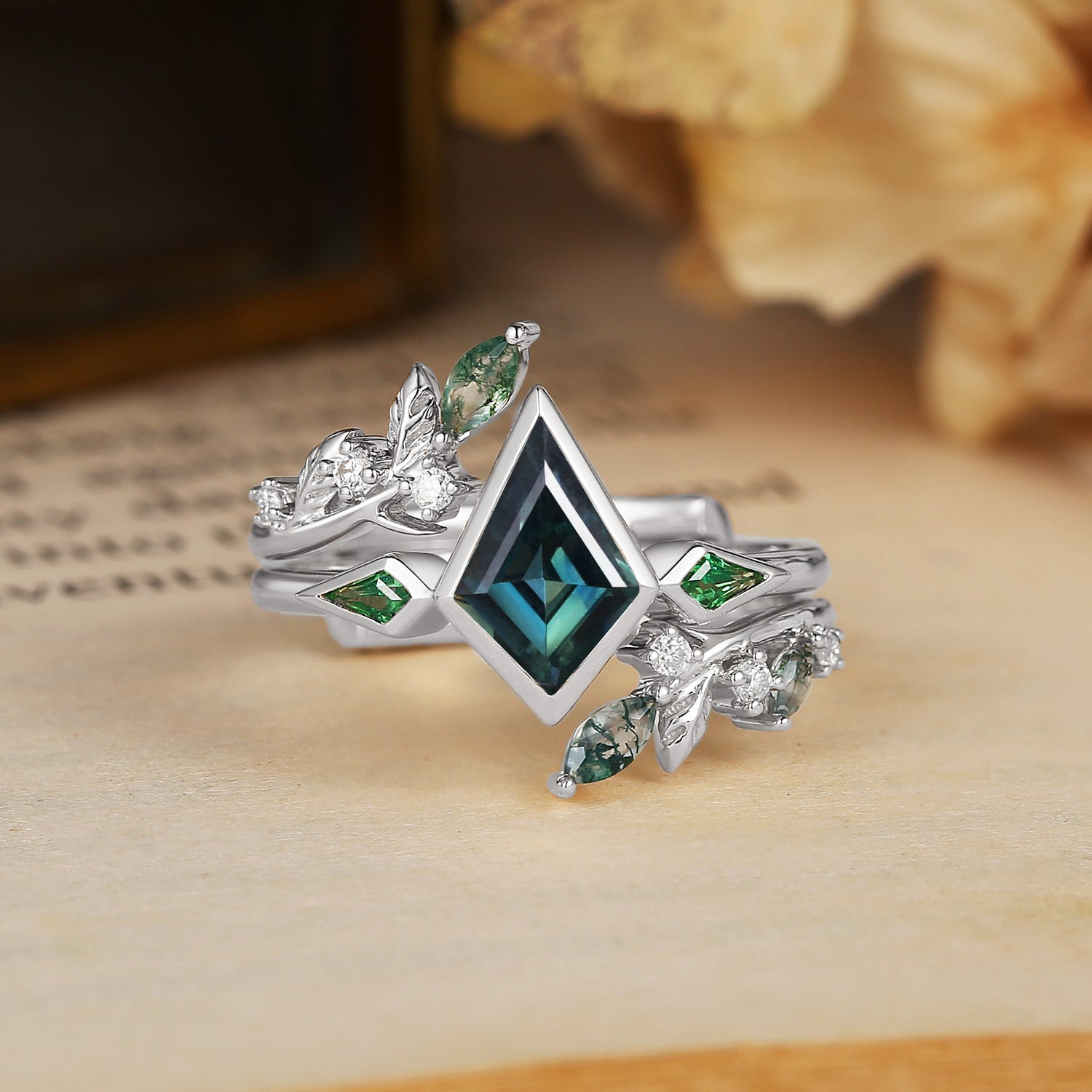 Kite Cut Natural Blue Green Sapphire & Leaf Moss Agate Bridal Sets 2pcs - Sylvia