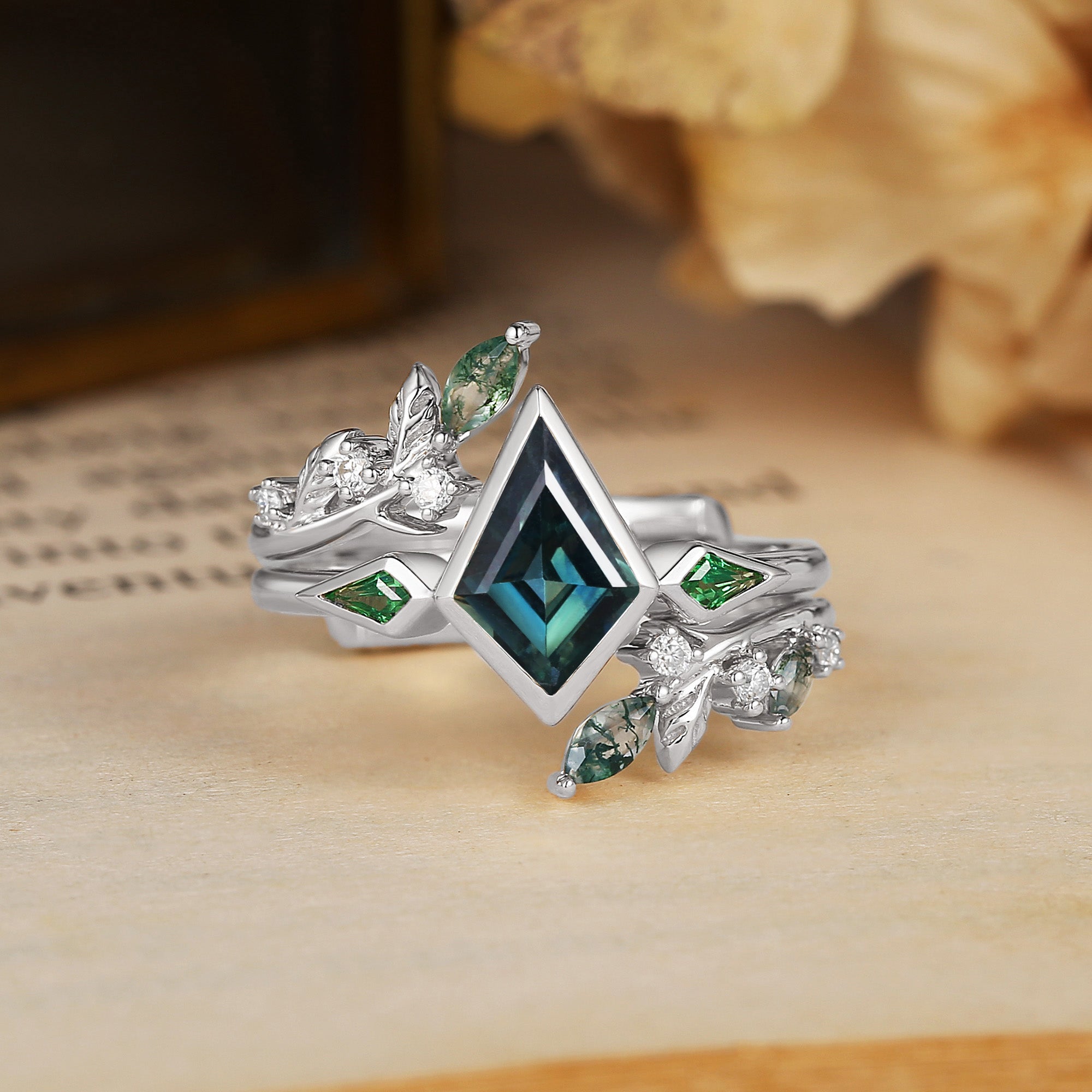 Kite Cut Natural Blue Green Sapphire & Leaf Moss Agate Bridal Sets 2pcs - Sylvia
