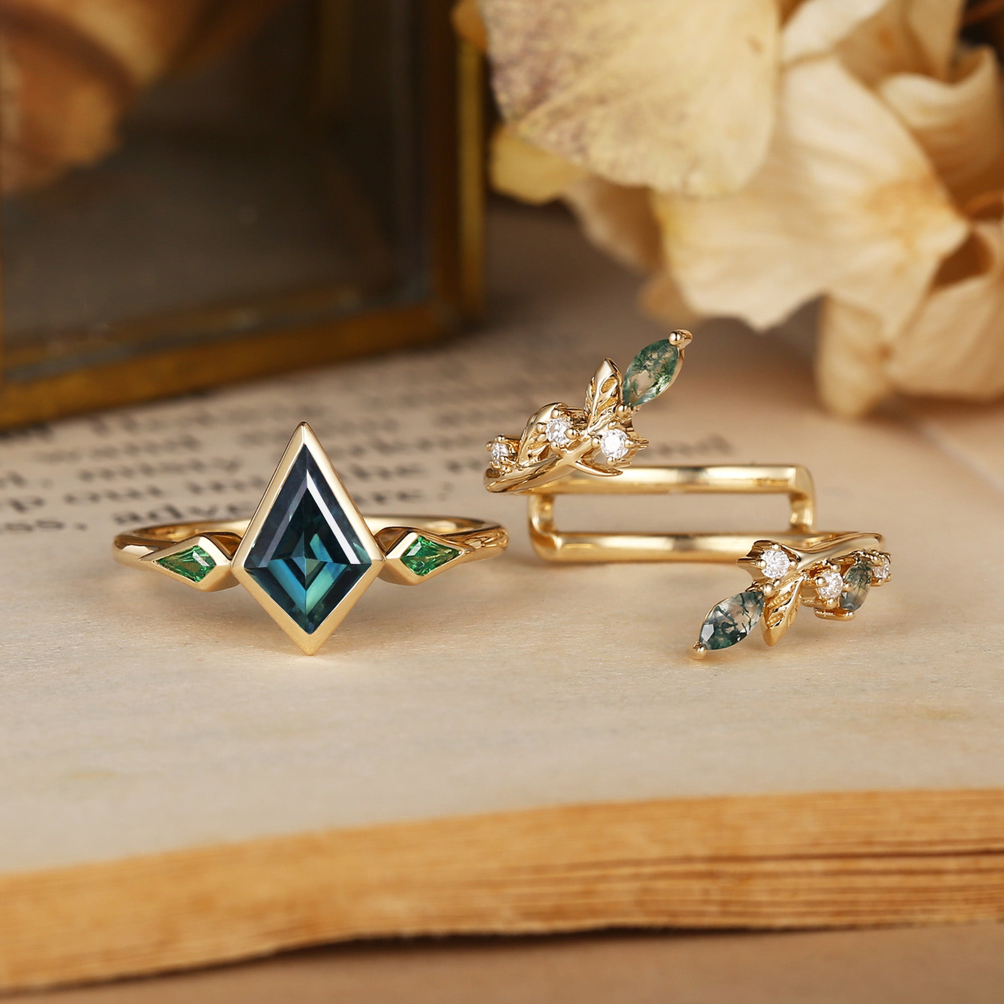 Kite Cut Natural Blue Green Sapphire & Leaf Moss Agate Bridal Sets 2pcs - Sylvia