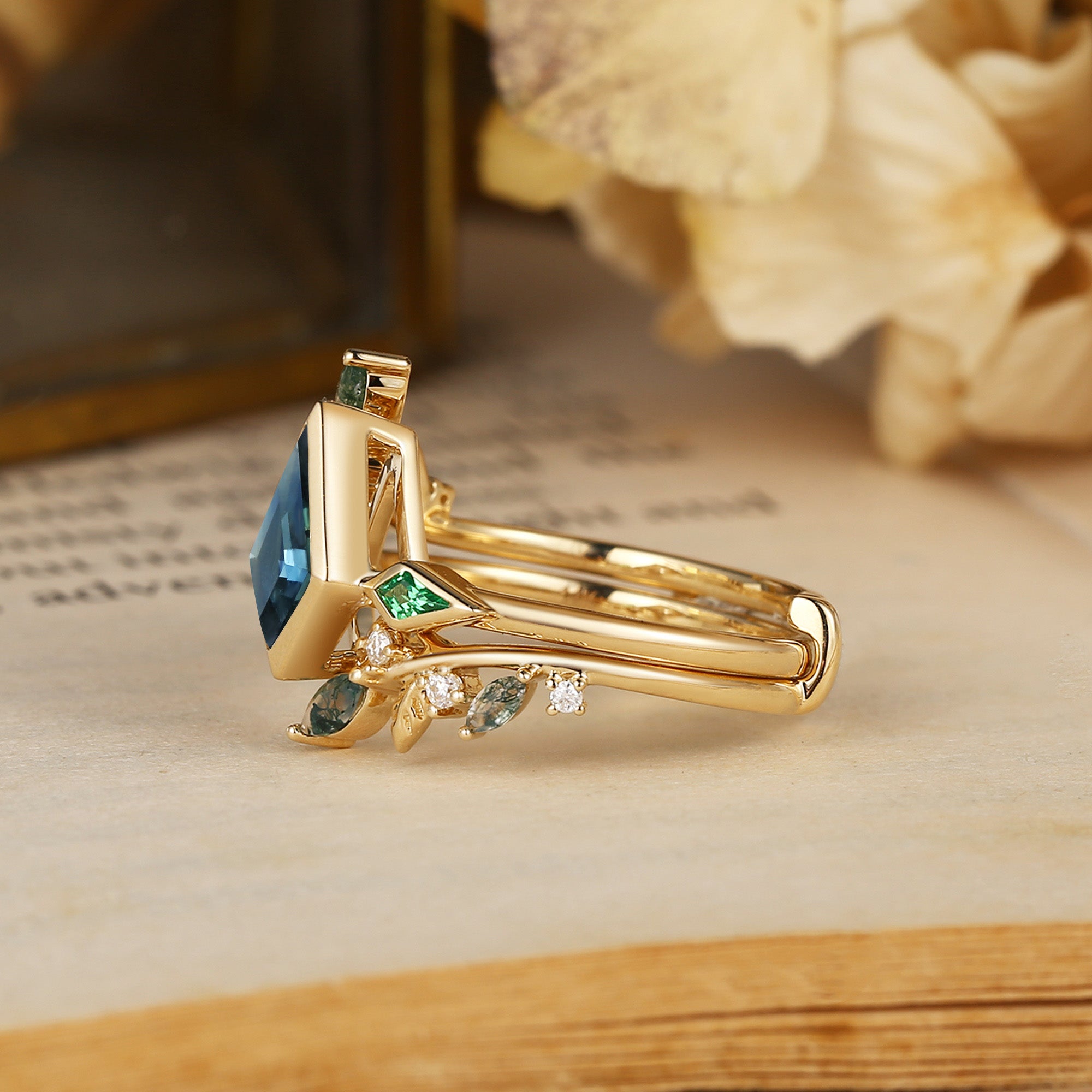 Kite Cut Natural Blue Green Sapphire & Leaf Moss Agate Bridal Sets 2pcs - Sylvia