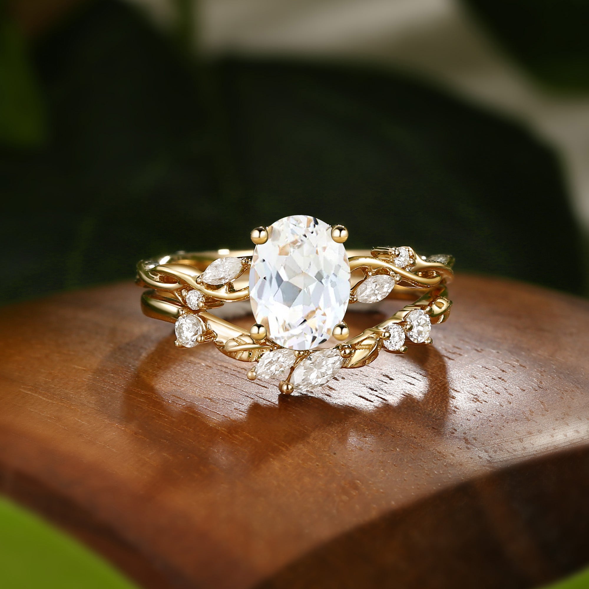 Oval Cut  White Sapphire Leaf Engagement Ring Set 2pcs -Coralie