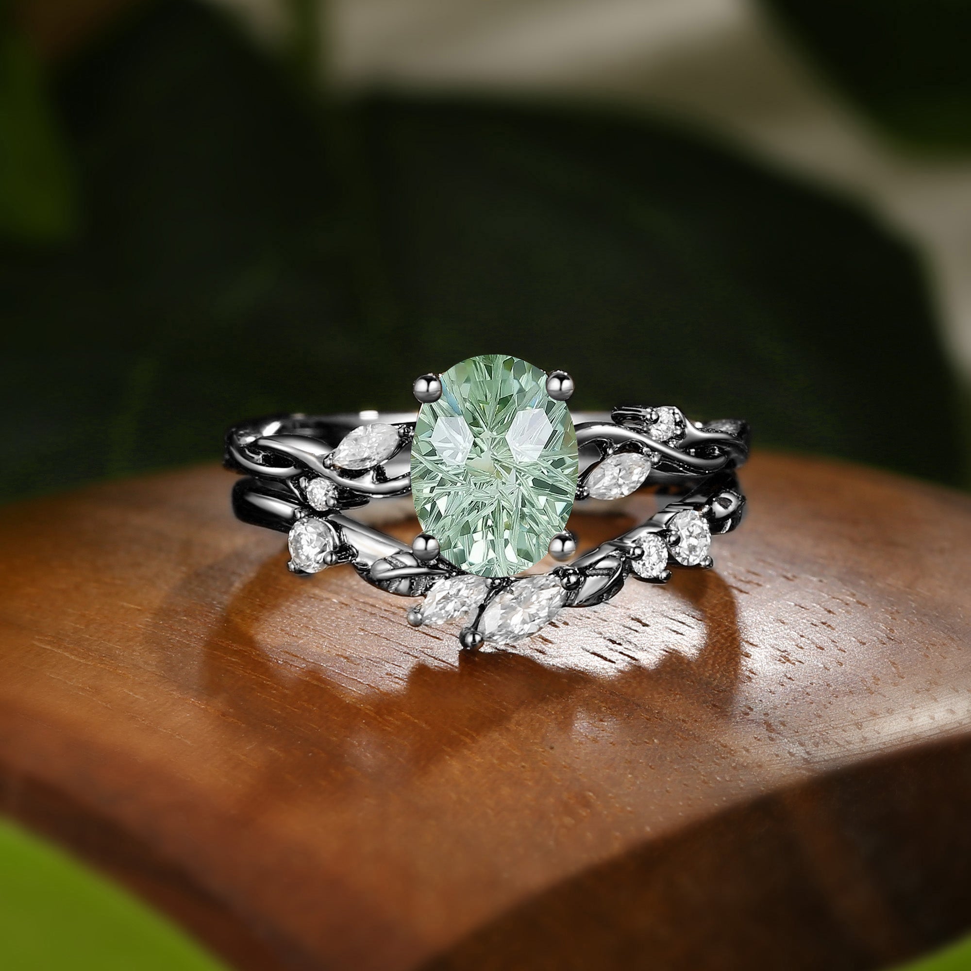 Firework Oval Cut  Green Sapphire Leaf Engagement Ring Set 2pcs - Coralie