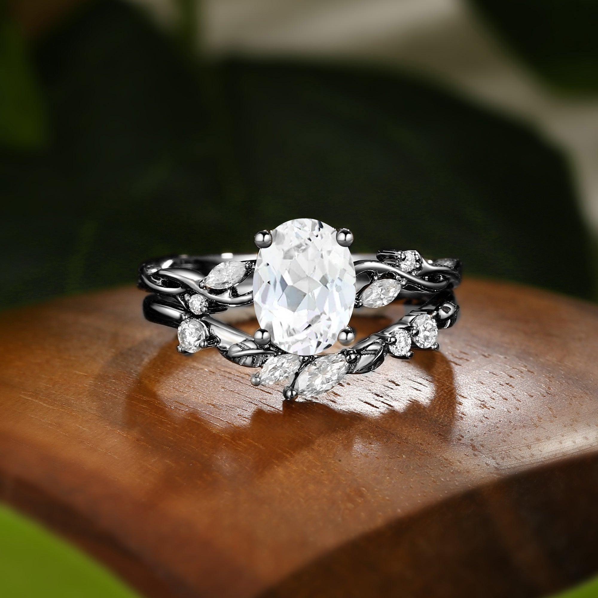 Oval Cut  White Sapphire Leaf Engagement Ring Set 2pcs -Coralie