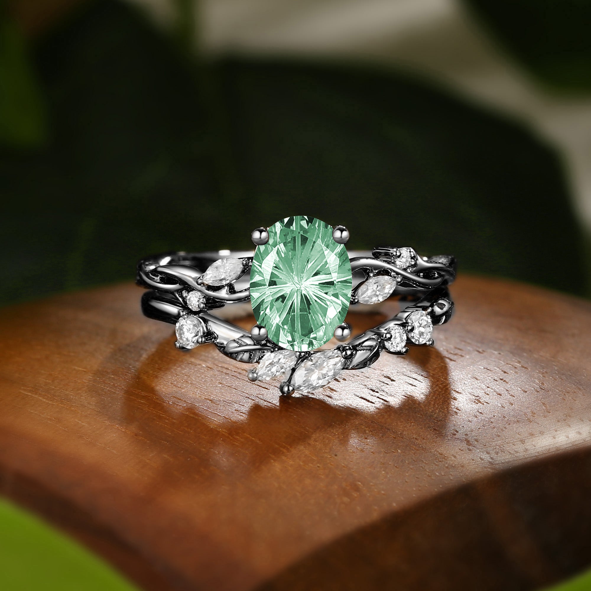 Firework Oval Cut  Green Sapphire Leaf Engagement Ring Set 2pcs - Coralie