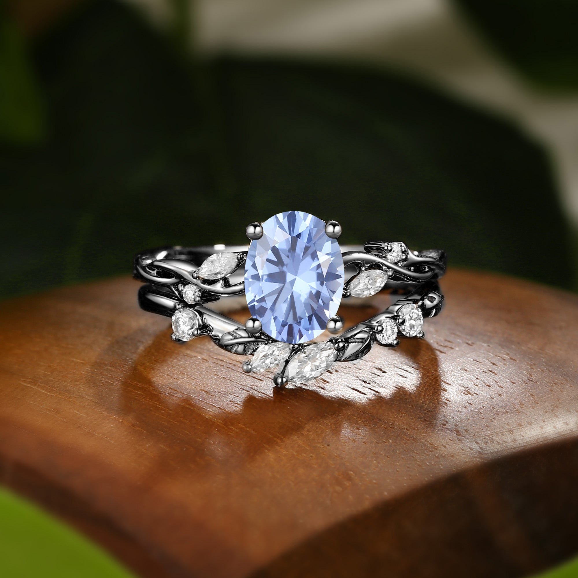 Oval Cut Cornflower Blue Sapphire Leaf Engagement Ring Set 2pcs - Coralie