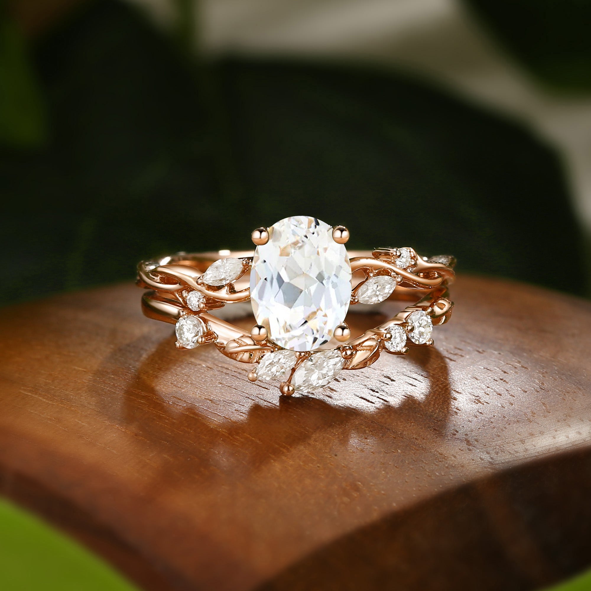 Oval Cut  White Sapphire Leaf Engagement Ring Set 2pcs -Coralie