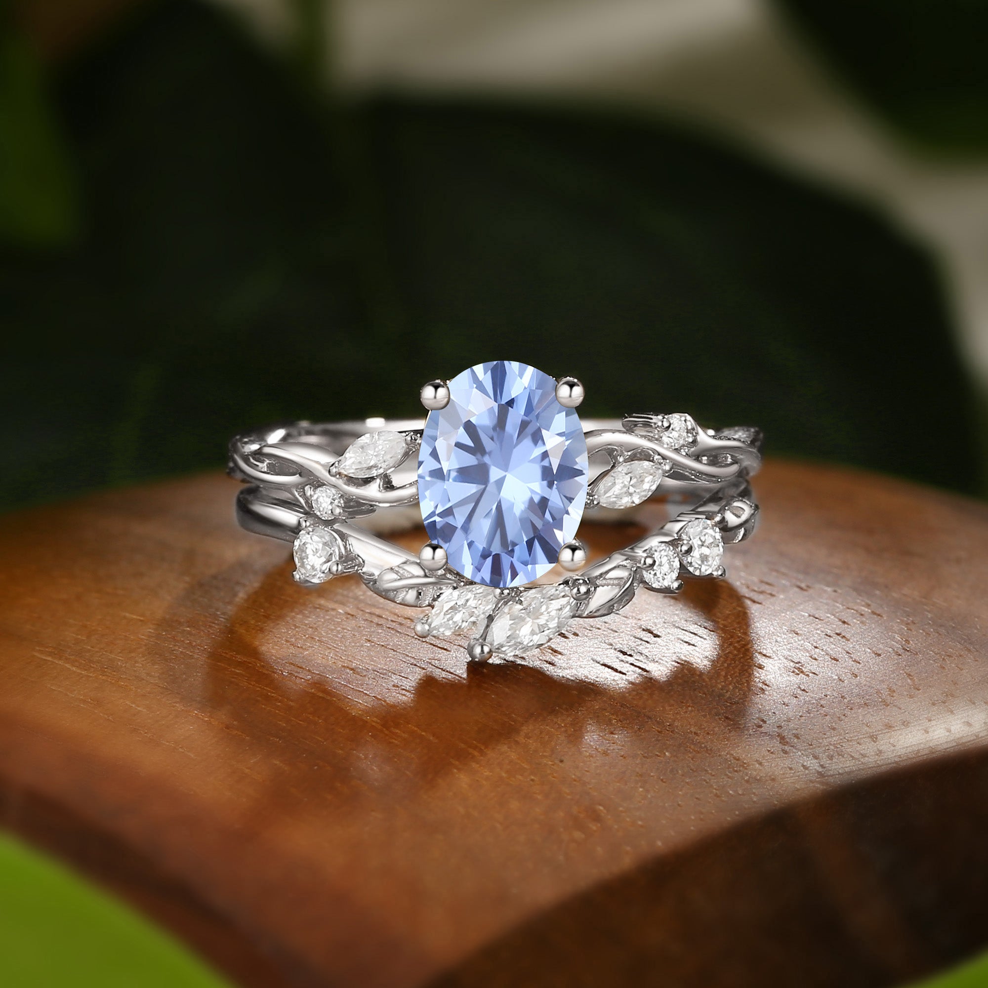 Oval Cut Cornflower Blue Sapphire Leaf Engagement Ring Set 2pcs - Coralie