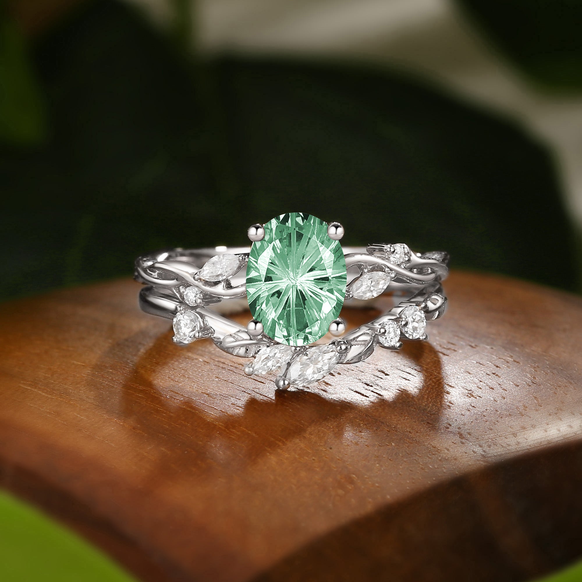 Firework Oval Cut  Green Sapphire Leaf Engagement Ring Set 2pcs - Coralie